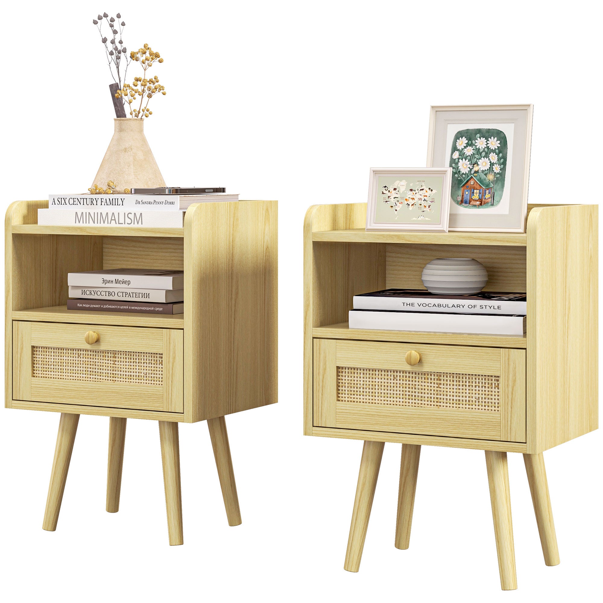 Set of 2 bedside tables nightstand with rattan effect drawer and open compartment, bedside table for bedroom, living room, 40 x 30 x 60 cm, natural wood effect