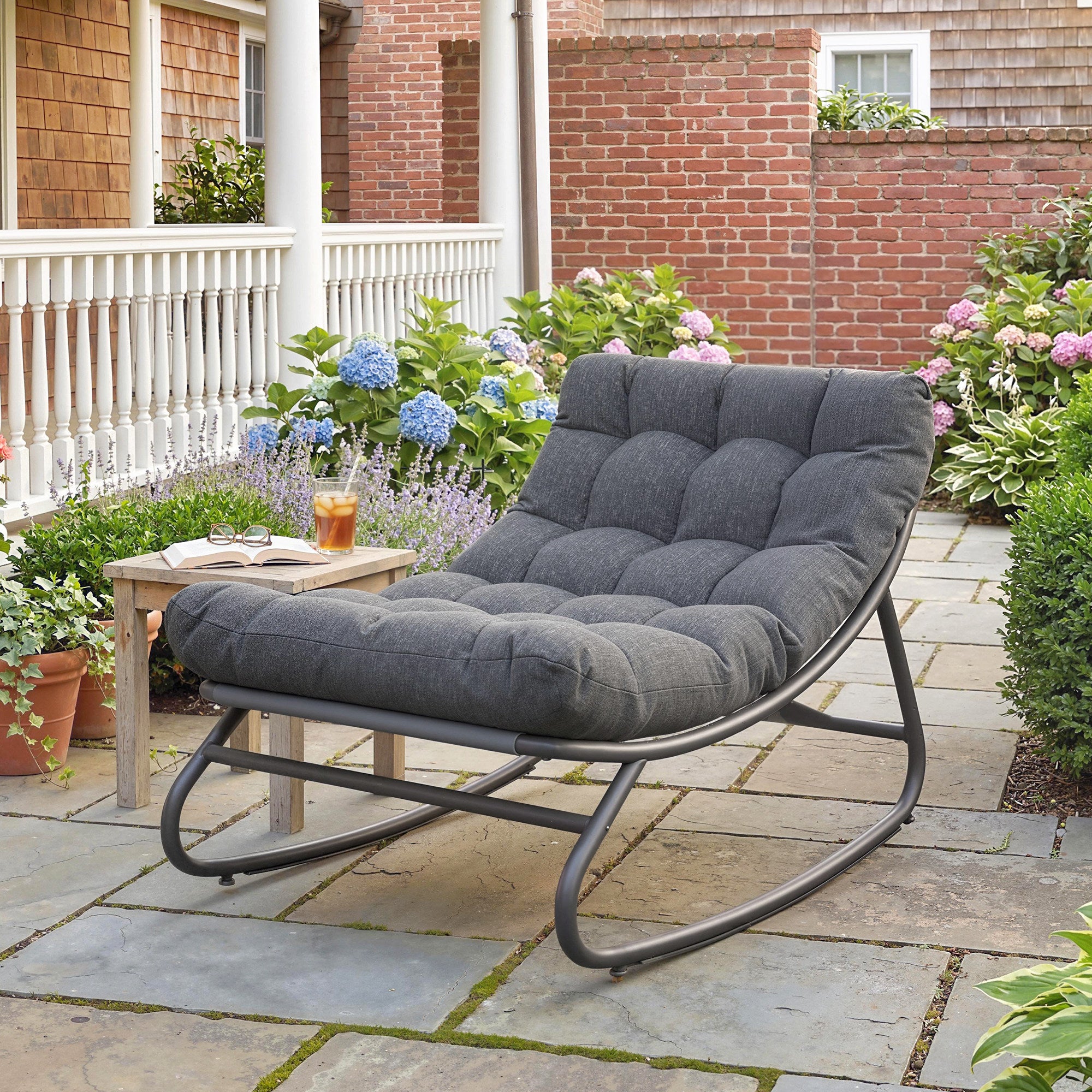 Swing Chair with Wide Mesh Seat and Thick Cushion, Outdoor Relaxing Rocker for Garden, Balcony & Patio, Up to 265 lb, 39.8 x 26.0 x 24.8 in, Gray