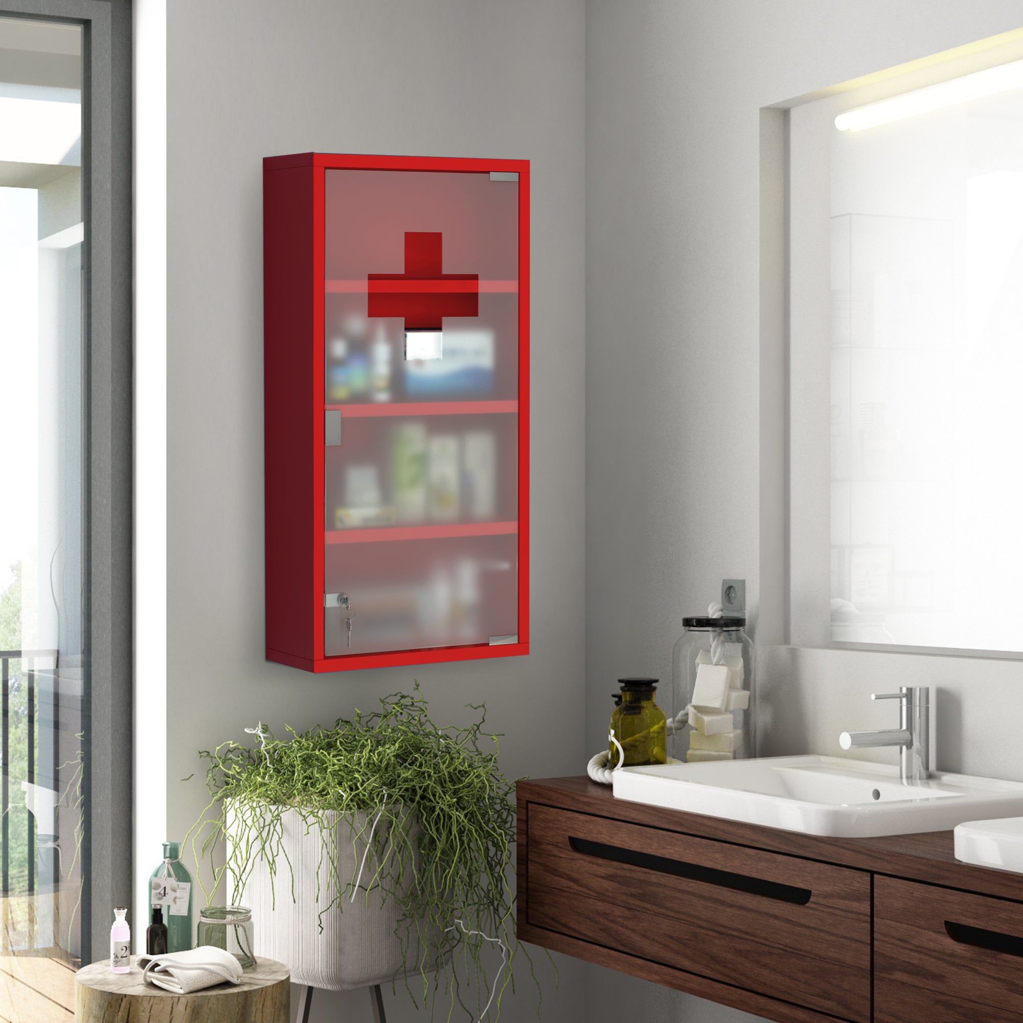 Medicine Cabinet Medical Cabinet Medication Cabinet with 3 Levels First Aid Cabinet with Lock Apothecary Cabinet with Frosted Glass Door Steel Red 27cm x 57cm x 12cm