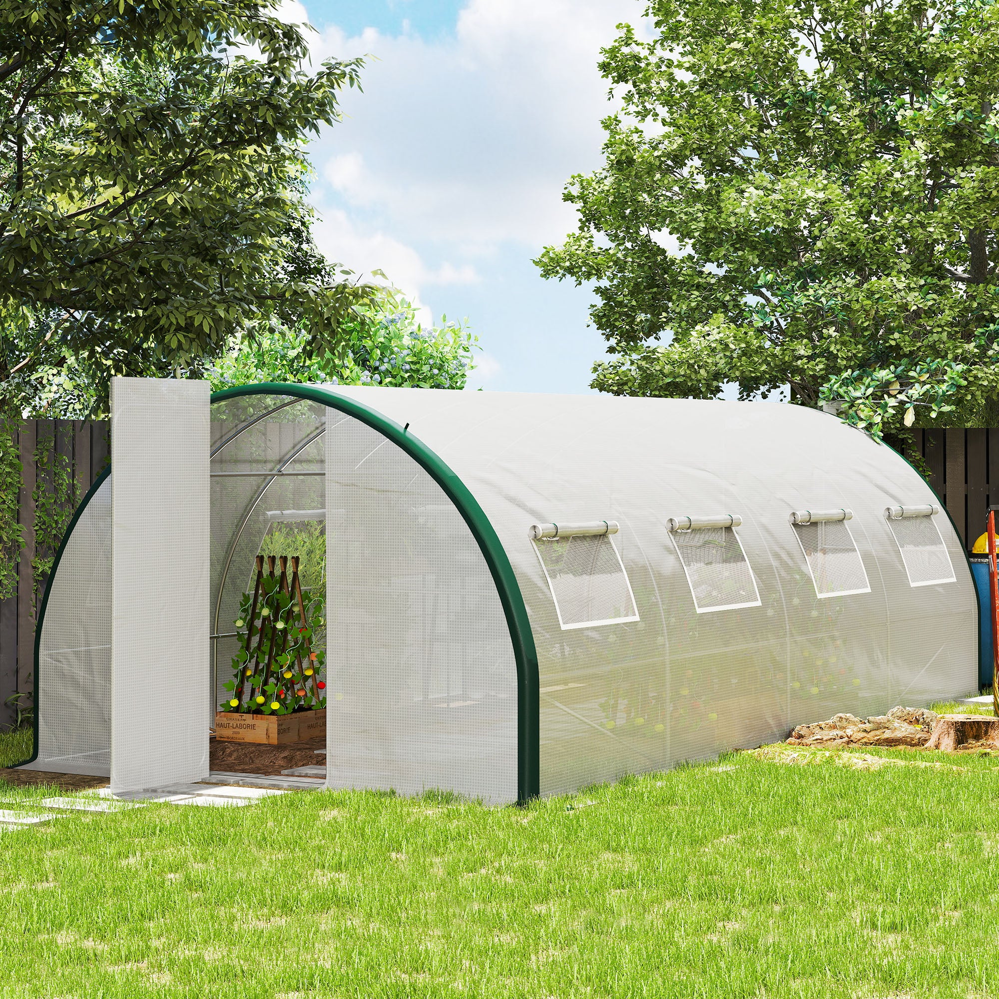 6x3m Tunnel Greenhouse with 2 Hinged Doors and 8 Windows, Garden Greenhouse in PE, Polyester, and Galvanized Steel, White and Green