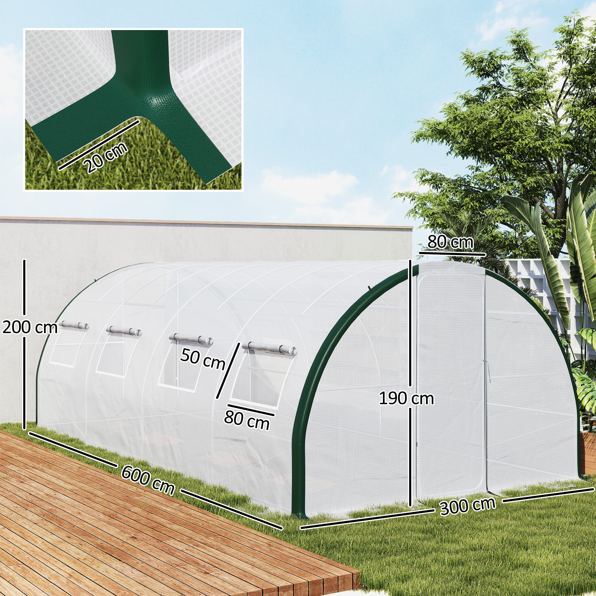 6x3m Tunnel Greenhouse with 2 Hinged Doors and 8 Windows, Garden Greenhouse in PE, Polyester, and Galvanized Steel, White and Green