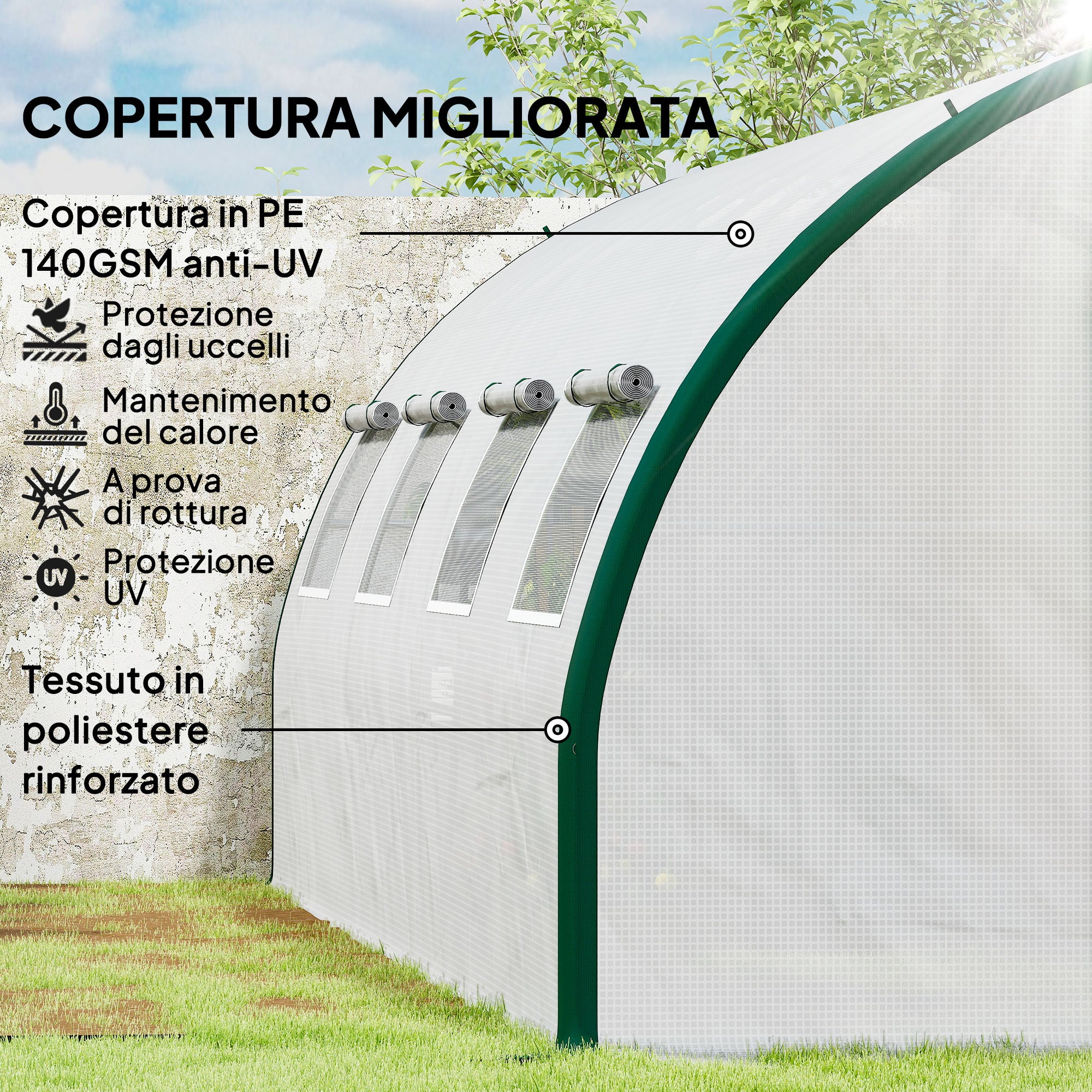 6x3m Tunnel Greenhouse with 2 Hinged Doors and 8 Windows, Garden Greenhouse in PE, Polyester, and Galvanized Steel, White and Green