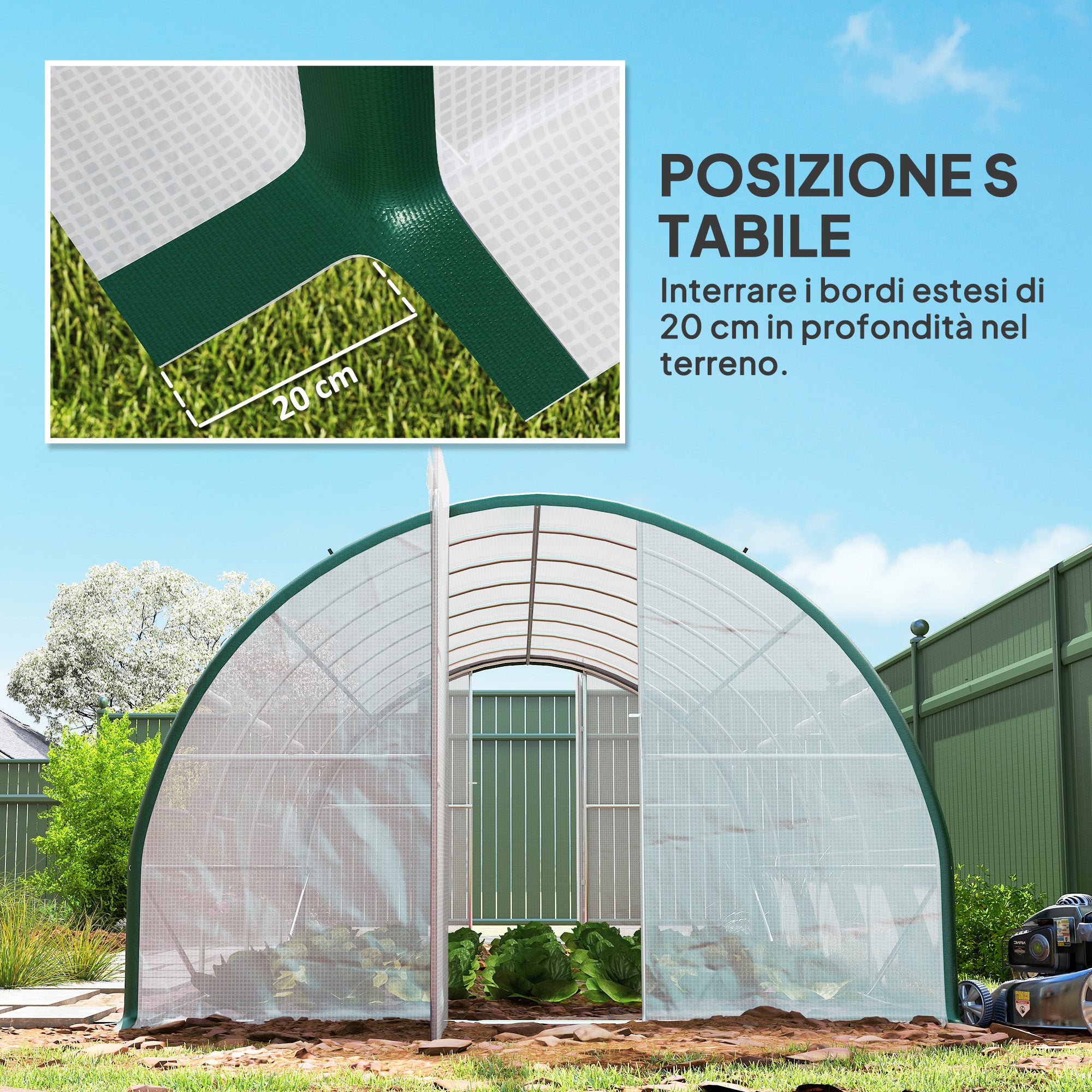 6x3m Tunnel Greenhouse with 2 Hinged Doors and 8 Windows, Garden Greenhouse in PE, Polyester, and Galvanized Steel, White and Green