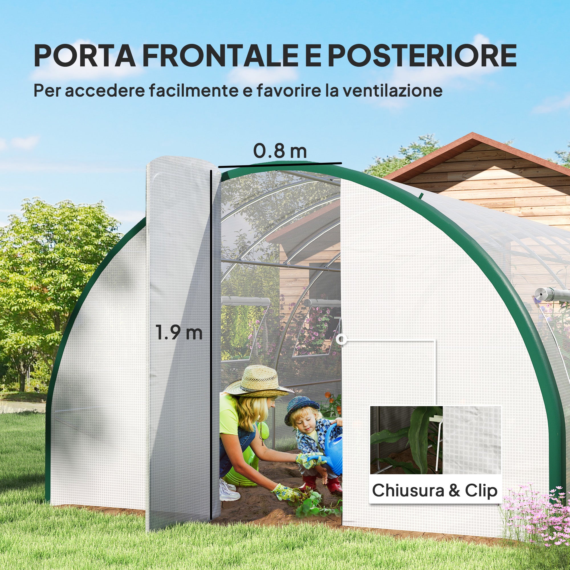 6x3m Tunnel Greenhouse with 2 Hinged Doors and 8 Windows, Garden Greenhouse in PE, Polyester, and Galvanized Steel, White and Green