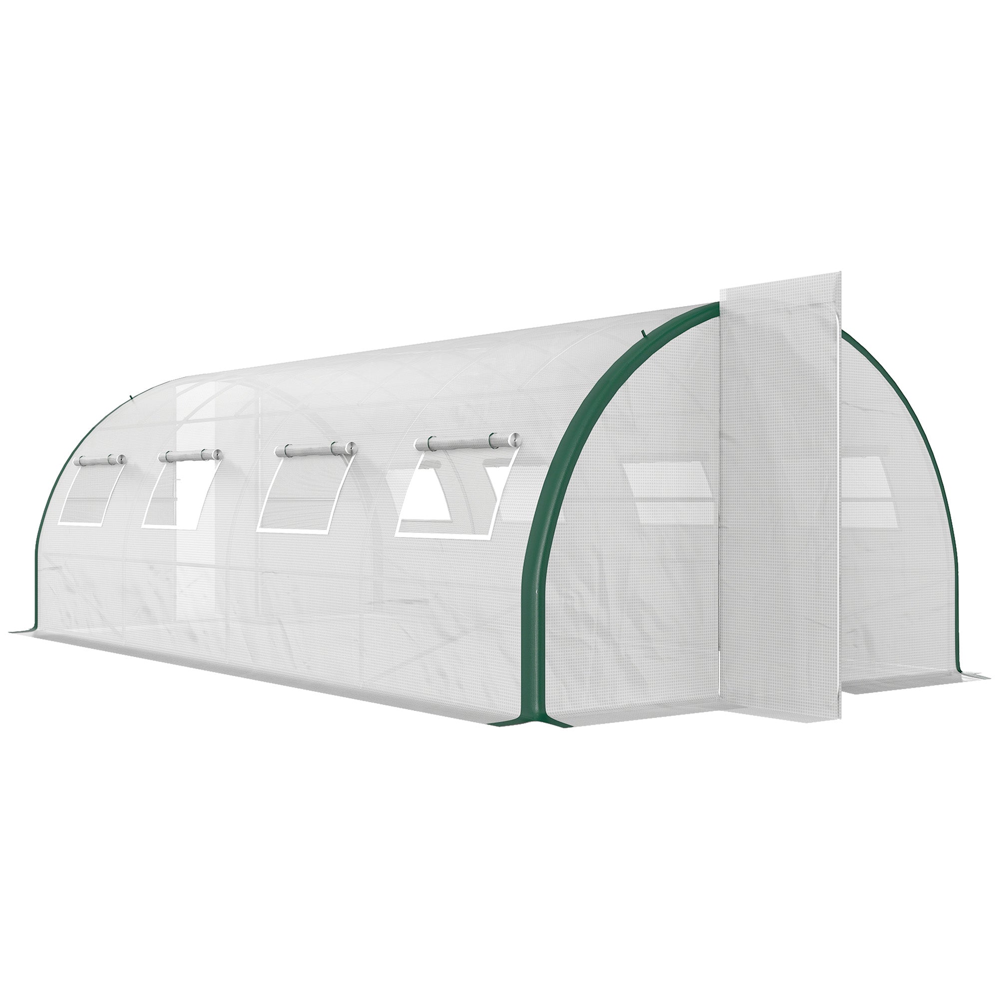 6x3m Tunnel Greenhouse with 2 Hinged Doors and 8 Windows, Garden Greenhouse in PE, Polyester, and Galvanized Steel, White and Green