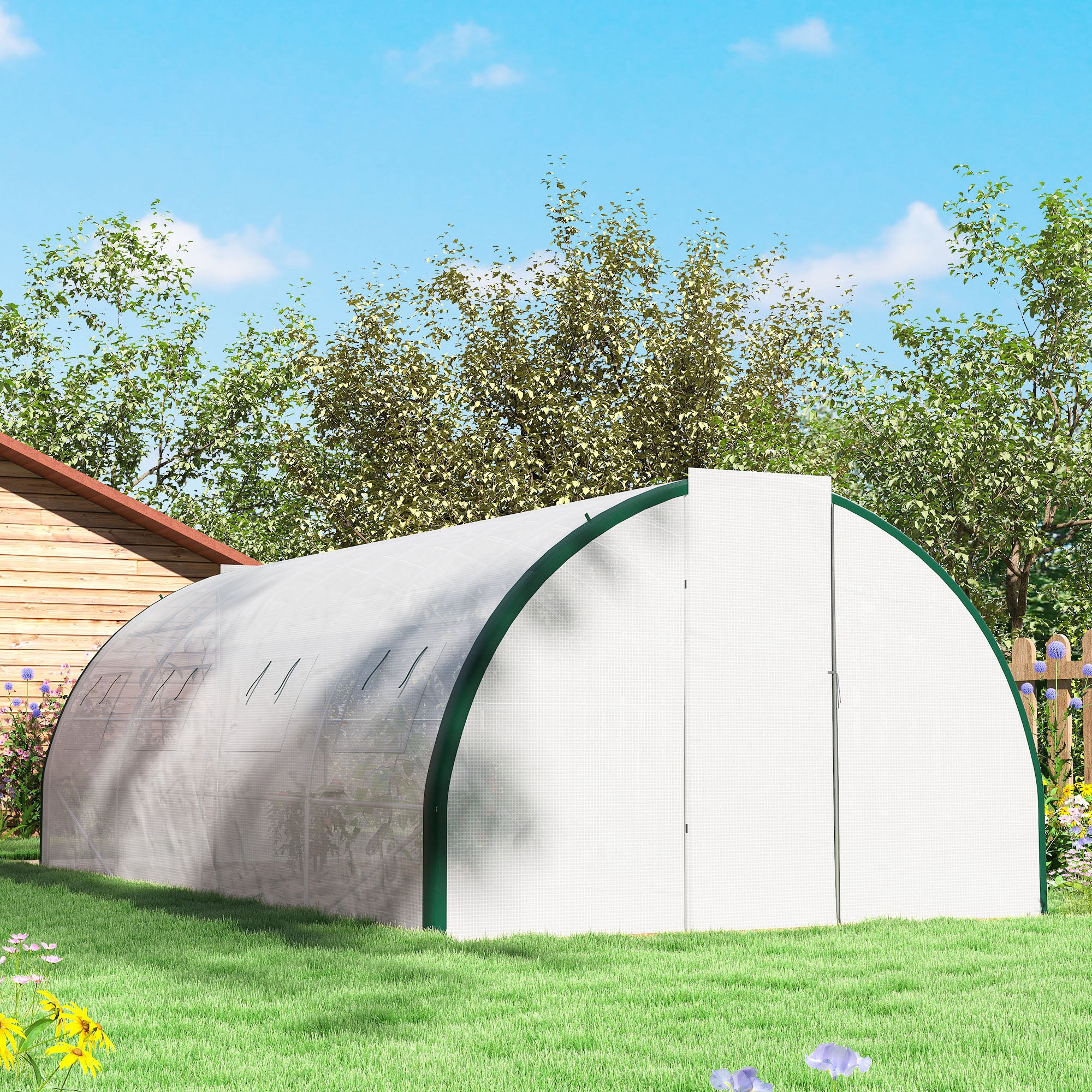 6x3m Tunnel Greenhouse with 2 Hinged Doors and 8 Windows, Garden Greenhouse in PE, Polyester, and Galvanized Steel, White and Green
