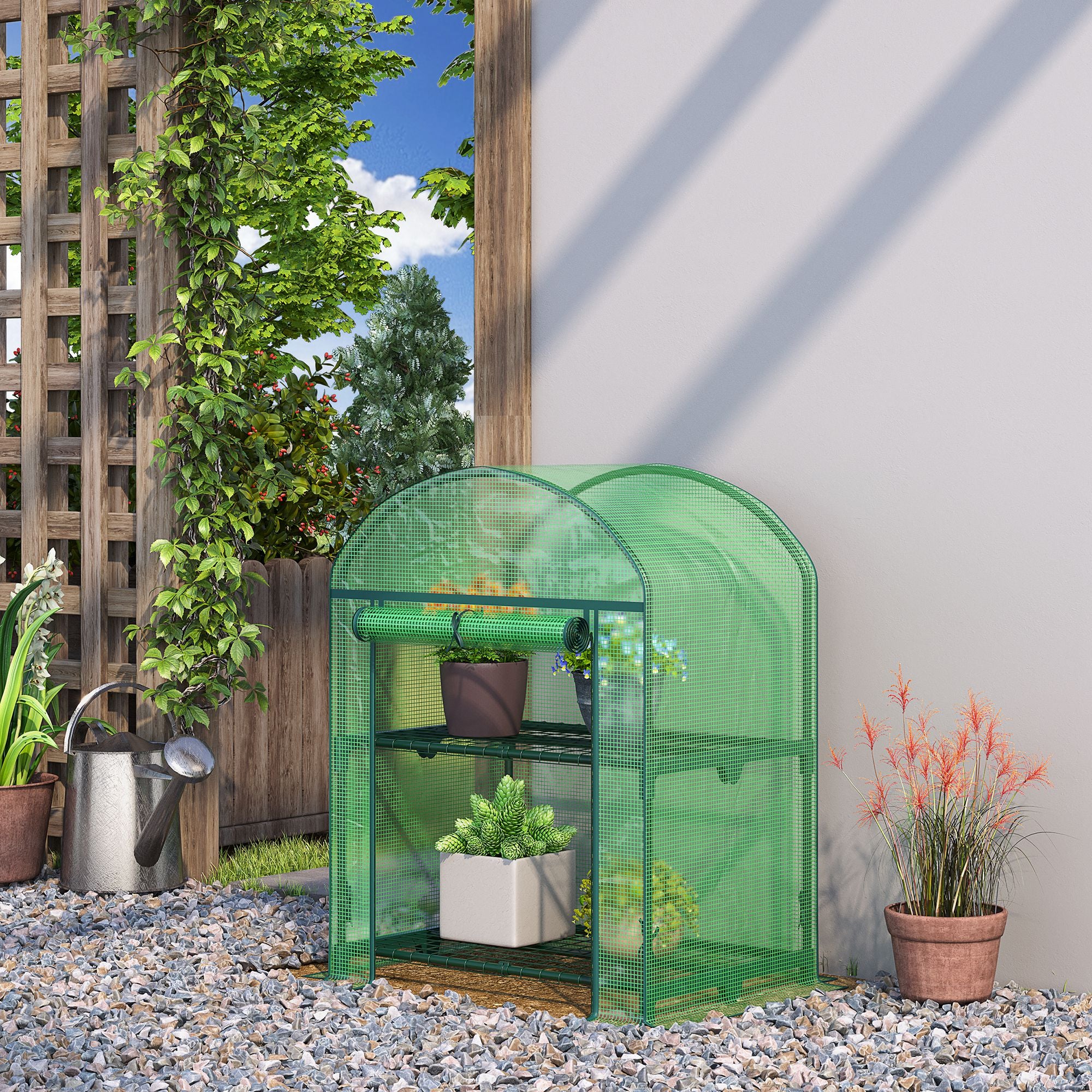 Mini Garden Greenhouse with 2 Metal Shelves and PE Cover, Compact Balcony and Terrace Greenhouse 69x49x91cm, Green