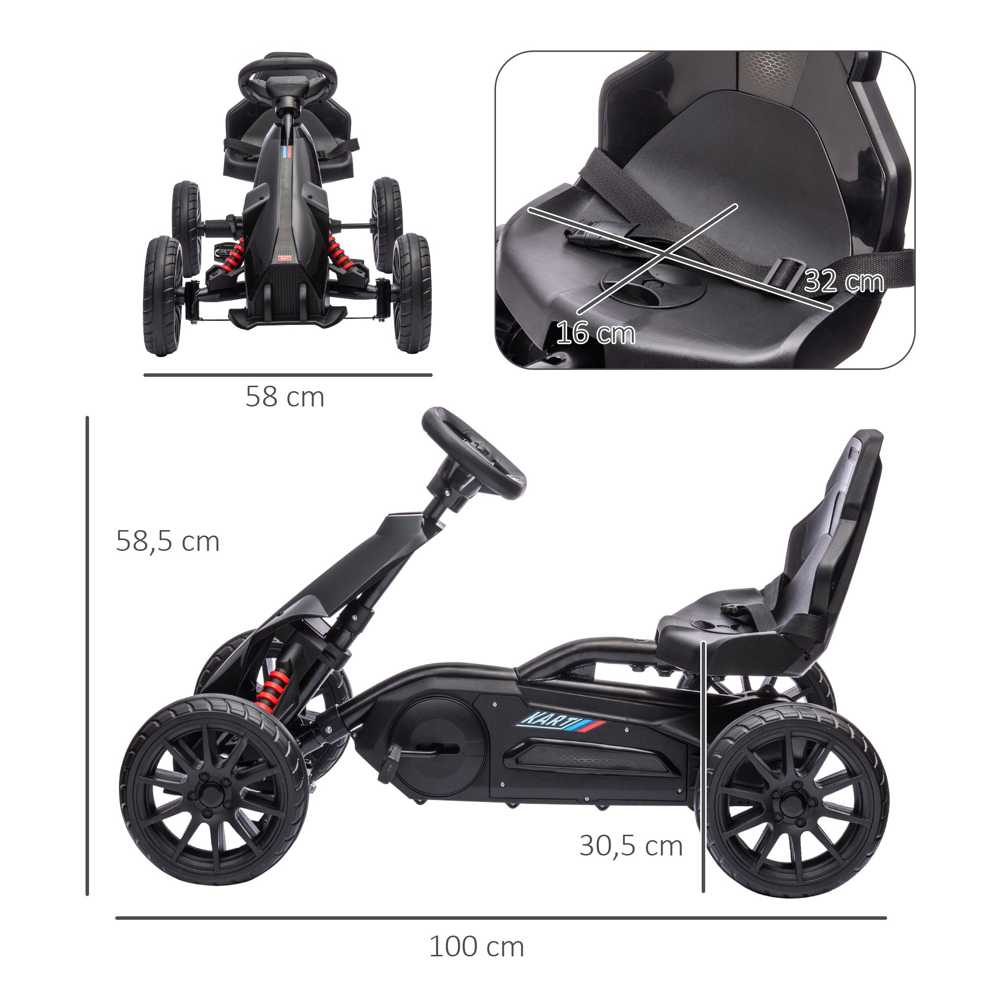 Go-Kart Pedal Car with Hand Brake, Adjustable Seat, Forward and Reverse Gears, Pedal Vehicle with EVA Wheels, Pedal, Kids Vehicle Kettcar for Children 3-8 Years Old Black