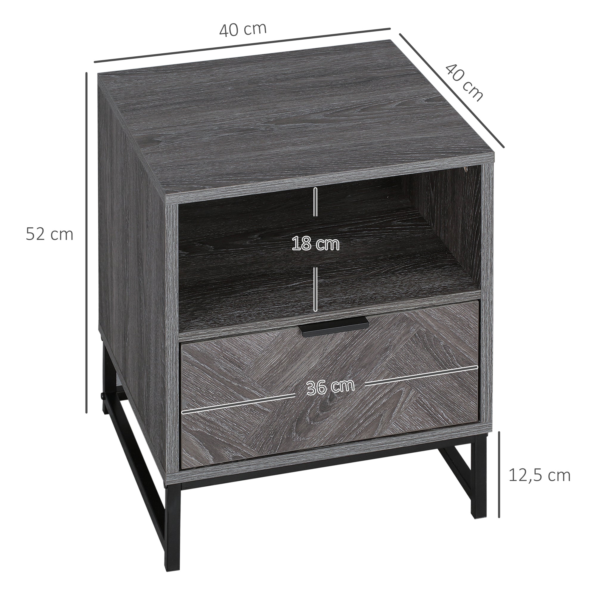 Nightstand Bedside Table with 1 Drawer Open Shelf and Steel Legs Industrial Style for Bedroom Living Room Office 40x40x52 cm Dark Grey