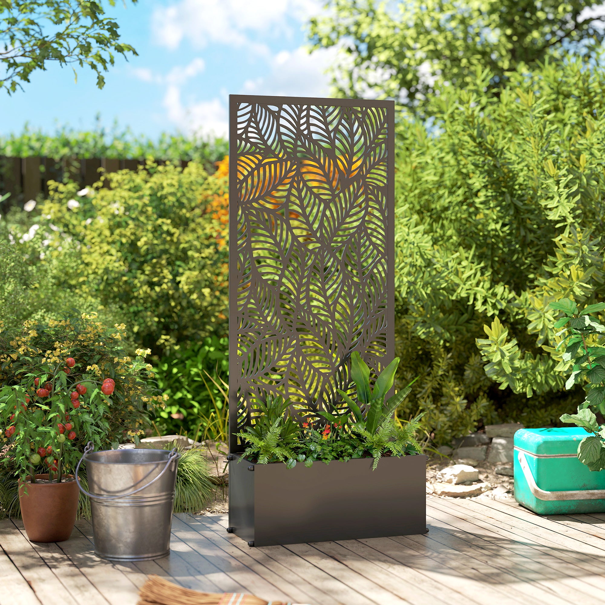 Metal Planter with Trellis — Raised Flower Bed with Privacy Screen, Leaf-Cut Design, for Climbers, Vegetables & Flowers, 45 x 21.5 x 110 cm (Black)