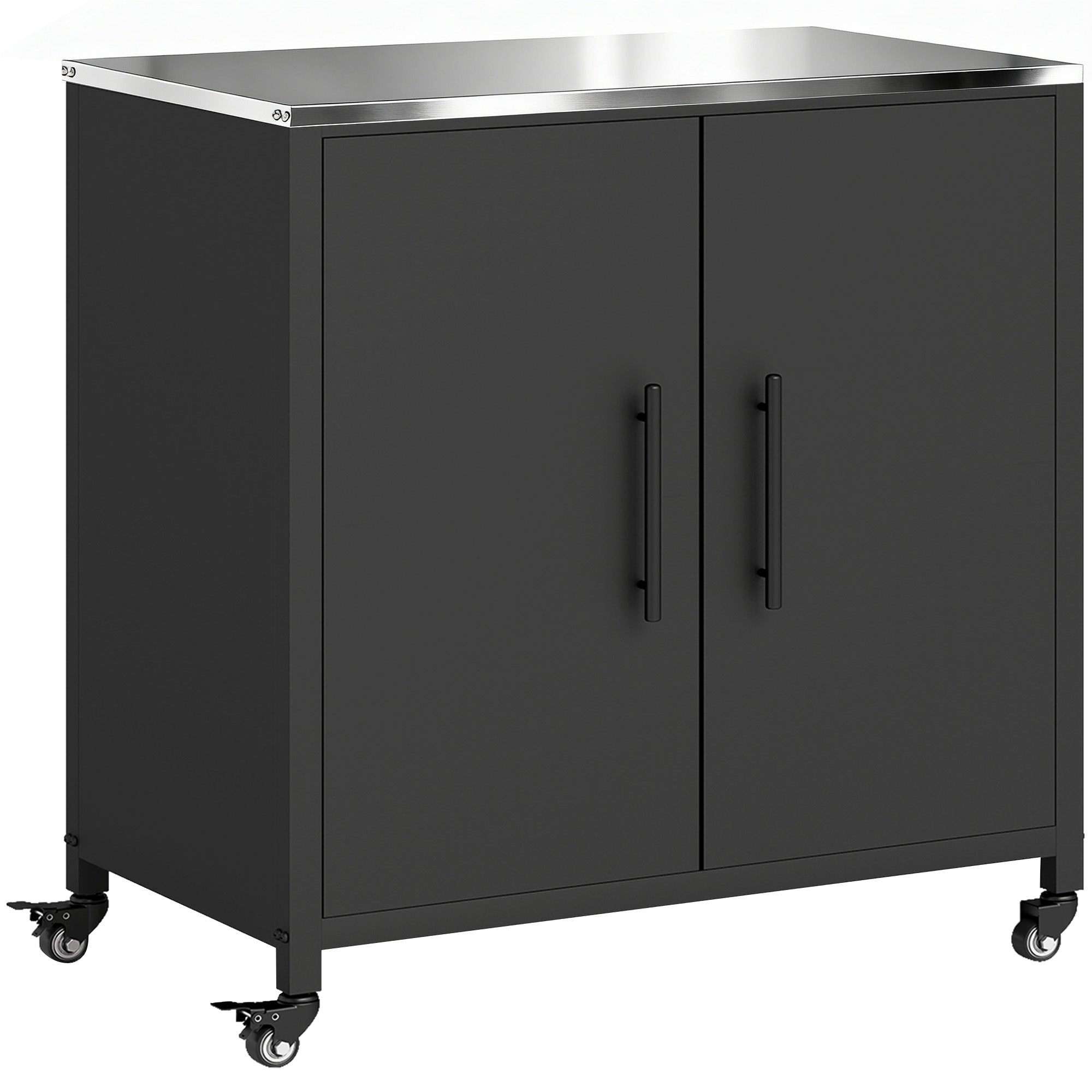 Potting Bench with Cabinet — Metal Outdoor Garden Cabinet with Stainless-Steel Worktop, Removable Shelf, Magnetic Double Doors, Locking Casters — 31.5 x 19.7 x 35.4 in (80 x 50 x 90 cm)