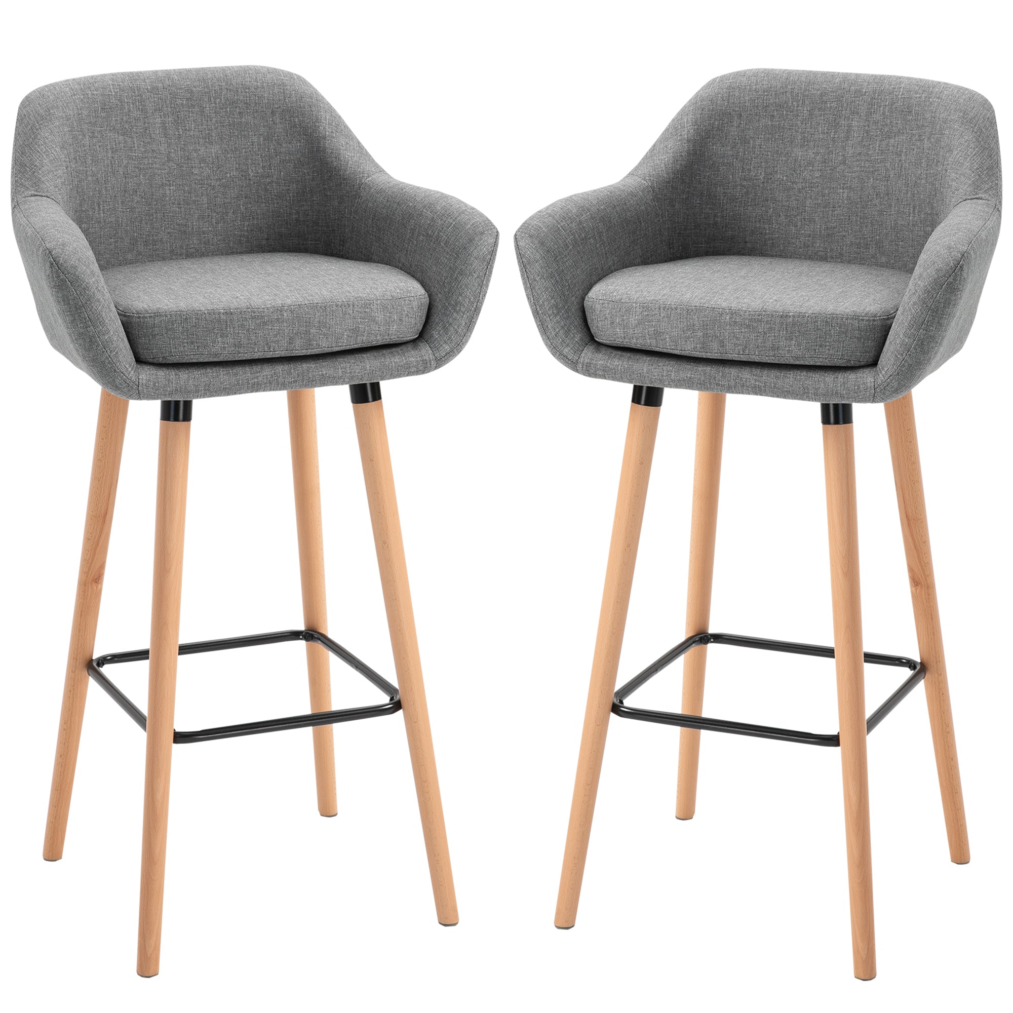2-Piece Bar Stool Set, Bar Chair with Seat Cushion, Wooden Legs, Backrest and Armrests, Kitchen Chairs with Wooden Footrest, Counter Stools for Kitchen, Living Room, Dining Room, Linen Look, Gray