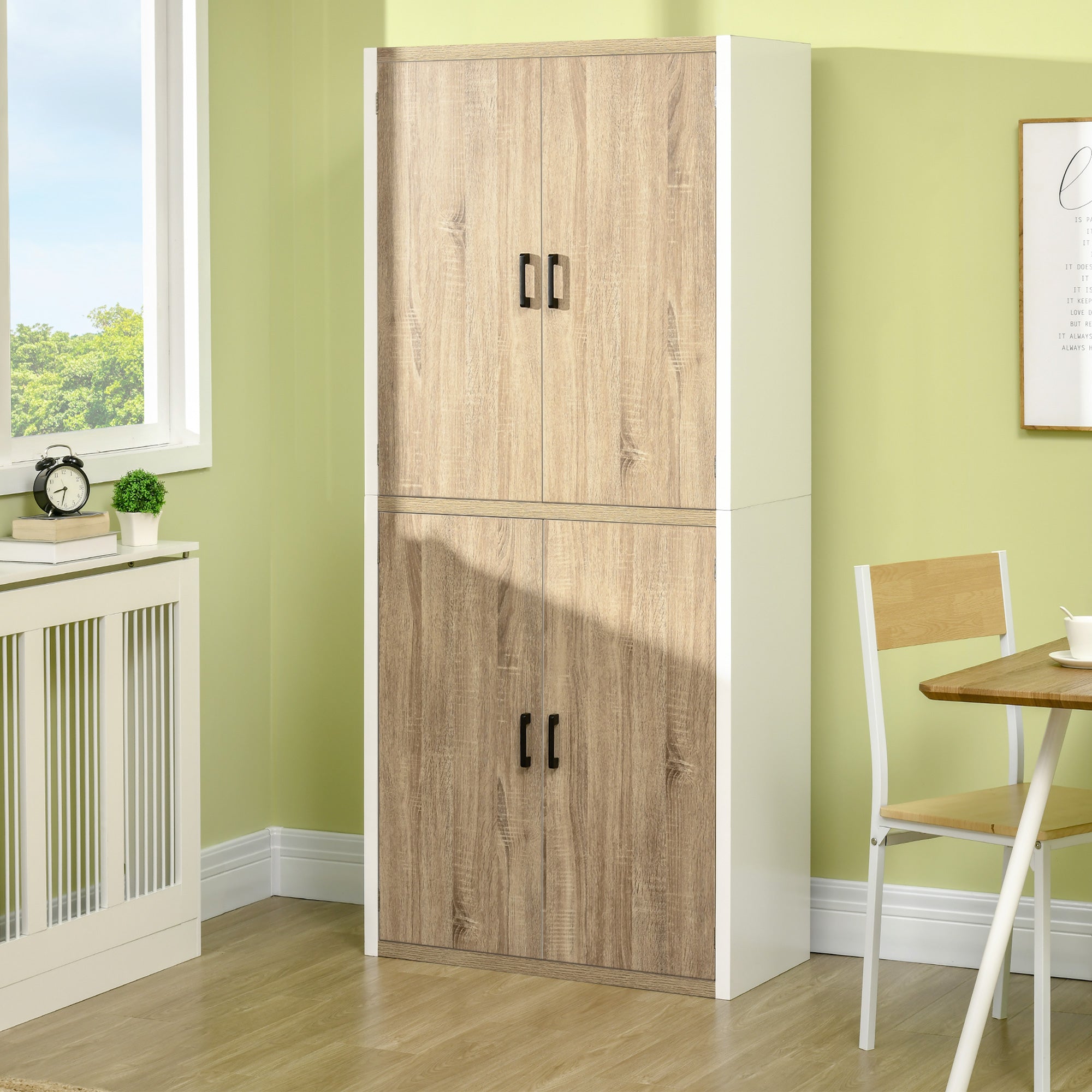 Kitchen Pantry Cabinet with 4 Adjustable Shelves, MDF Kitchen Pantry Cabinet, 4 Doors and Anti-Tipping Device, 80x40x182cm, Natural Wood and White