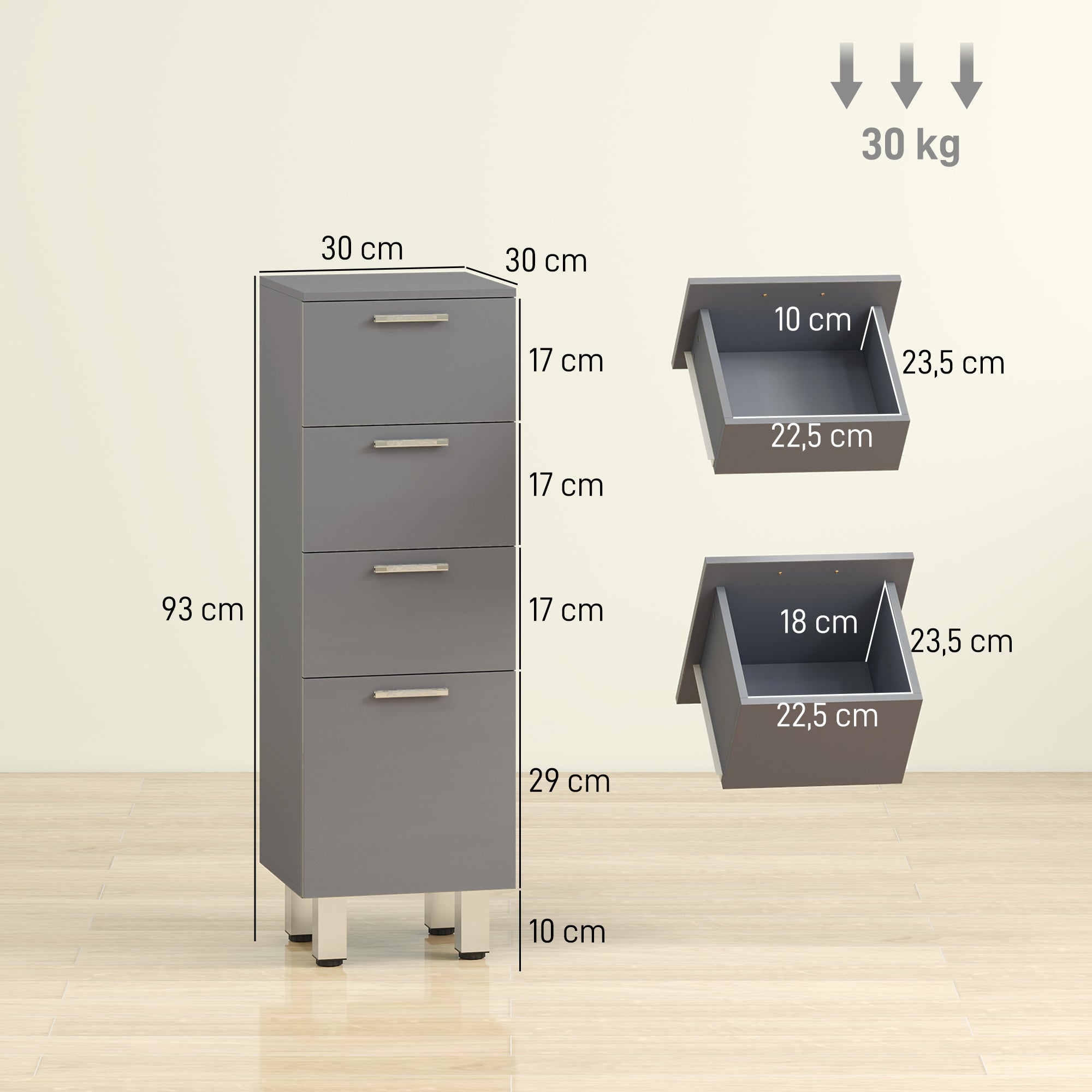 Narrow Bathroom Cabinet with 3 Drawers — Adjustable Shelf, Slim Toilet & Bathroom Storage for Small Spaces, 30 x 30 x 93 cm (11.8 x 11.8 x 36.6 in), Gray
