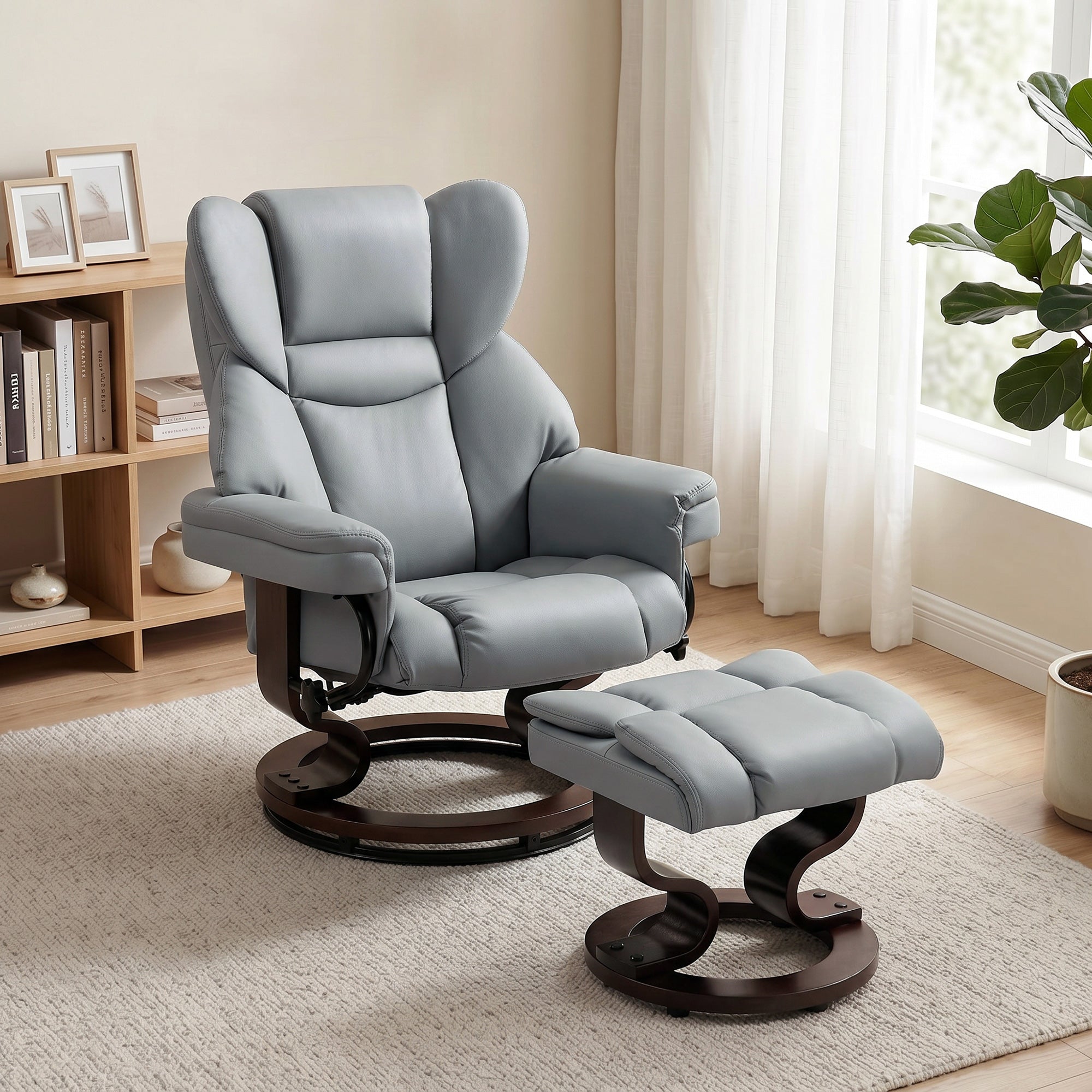 Recliner with Ottoman, 360° Swivel TV Chair with 145° Recline, PU Leather, Light Gray