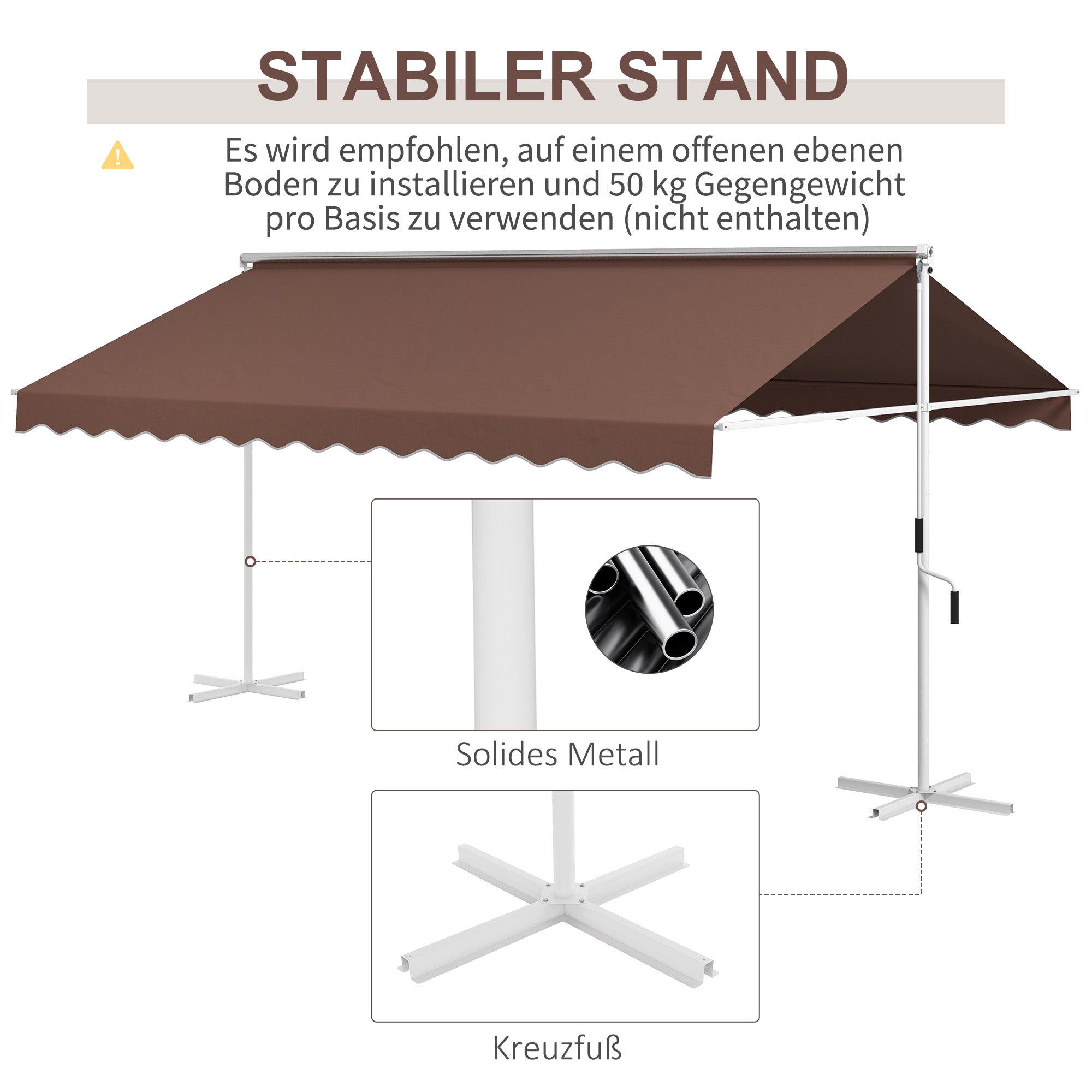Freestanding Awning Awning 4.5 x 3.4m Patio Cover Garden Awning with Folding Arm Crank Terrace Brown Aluminum Metal
