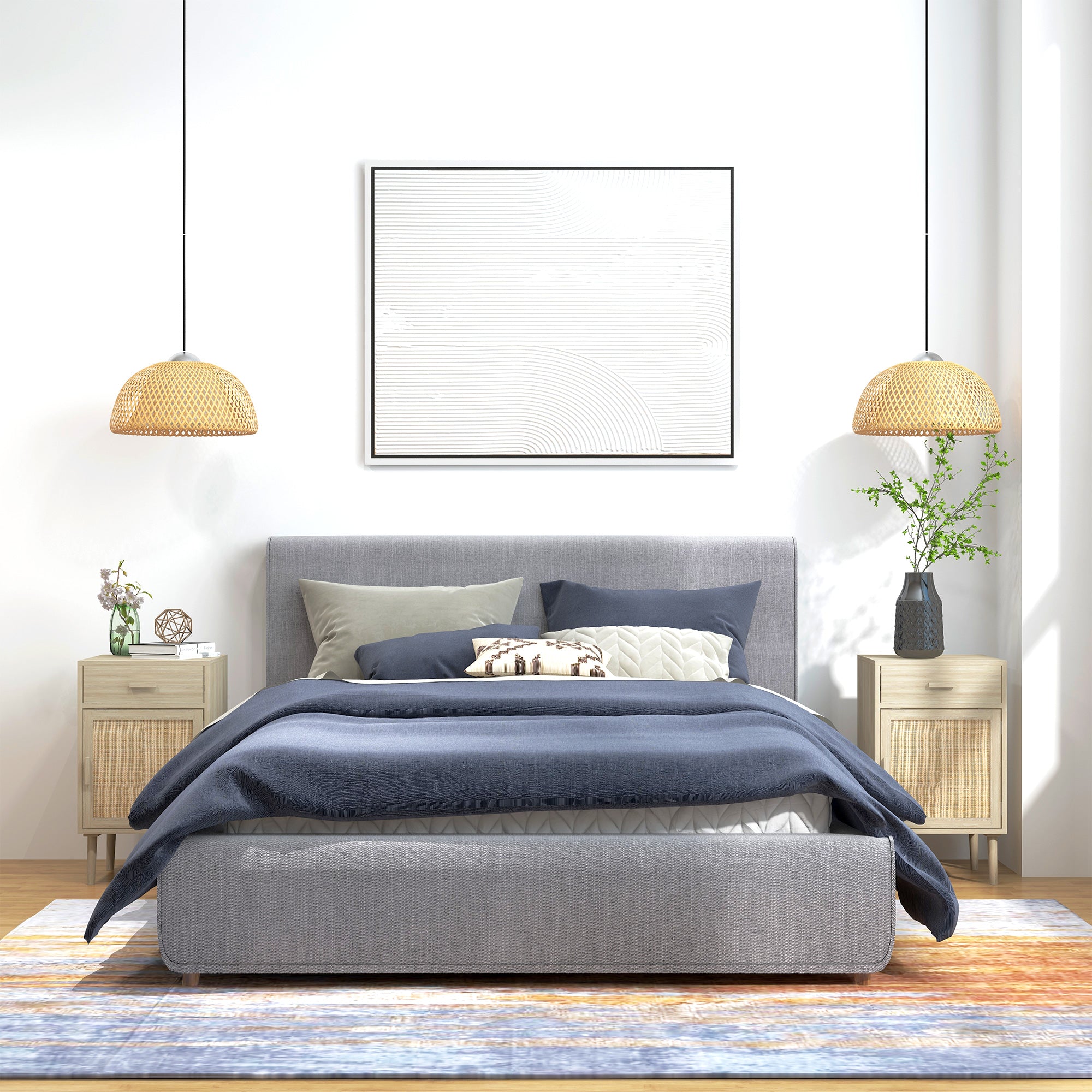 Set of 2 Bedside Tables Nightstands Bedside Tables with Rattan Drawer and Adjustable Shelf for Bedroom Living Room 40x40x68.5 cm Oak