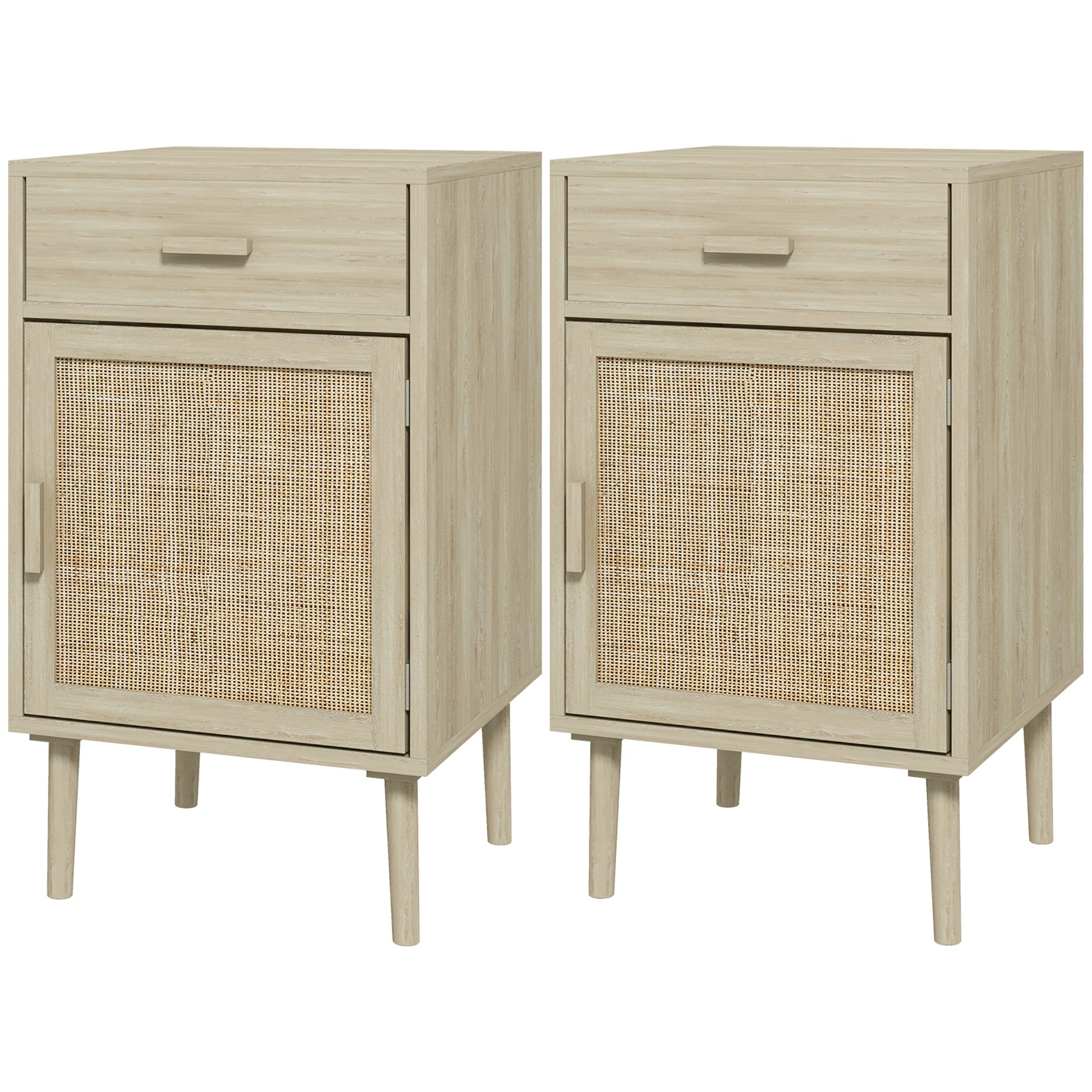 Set of 2 Bedside Tables Nightstands Bedside Tables with Rattan Drawer and Adjustable Shelf for Bedroom Living Room 40x40x68.5 cm Oak
