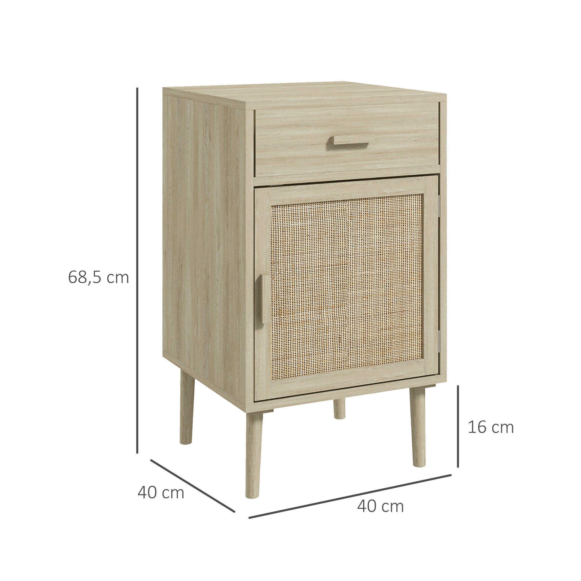 Set of 2 Bedside Tables Nightstands Bedside Tables with Rattan Drawer and Adjustable Shelf for Bedroom Living Room 40x40x68.5 cm Oak