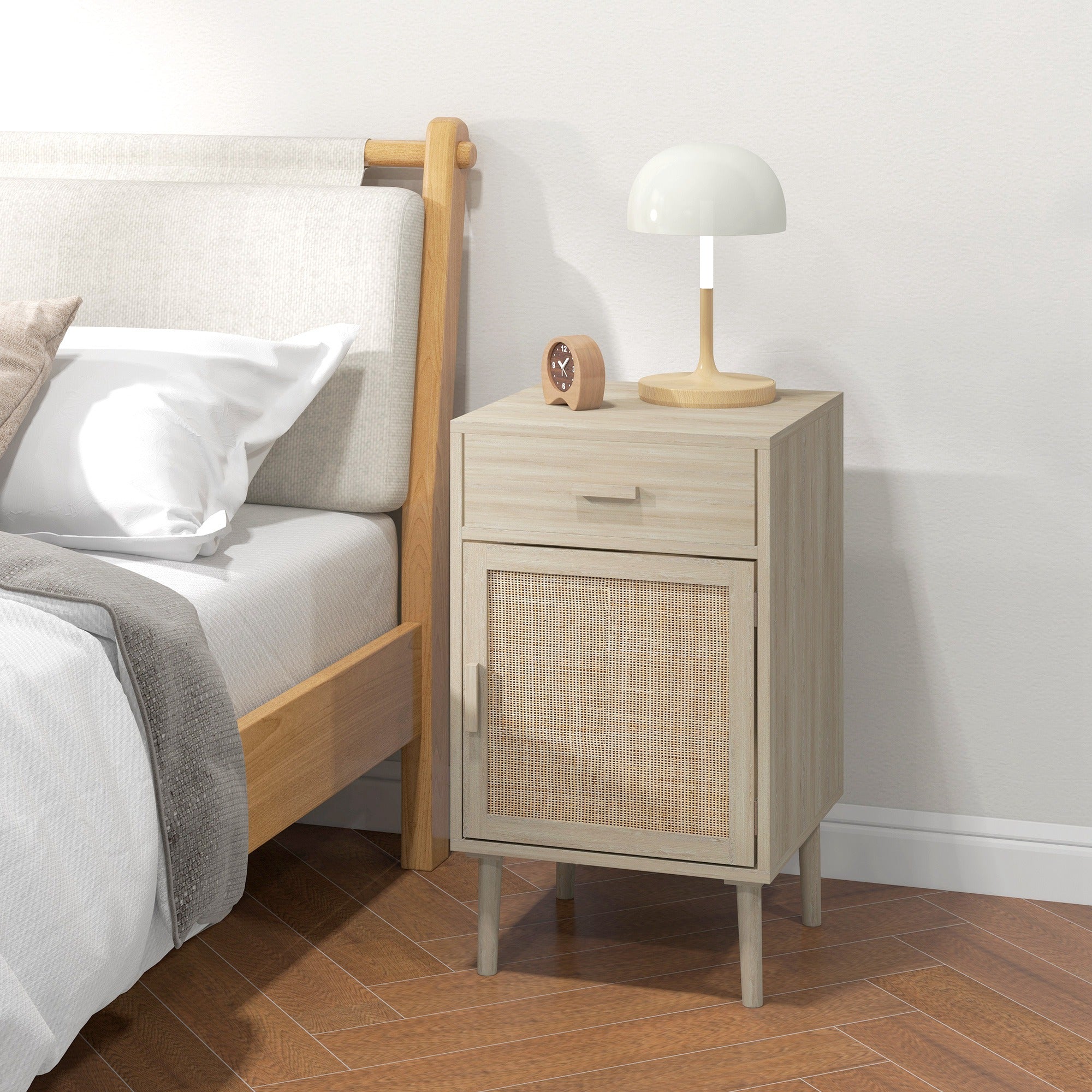 Set of 2 Bedside Tables Nightstands Bedside Tables with Rattan Drawer and Adjustable Shelf for Bedroom Living Room 40x40x68.5 cm Oak