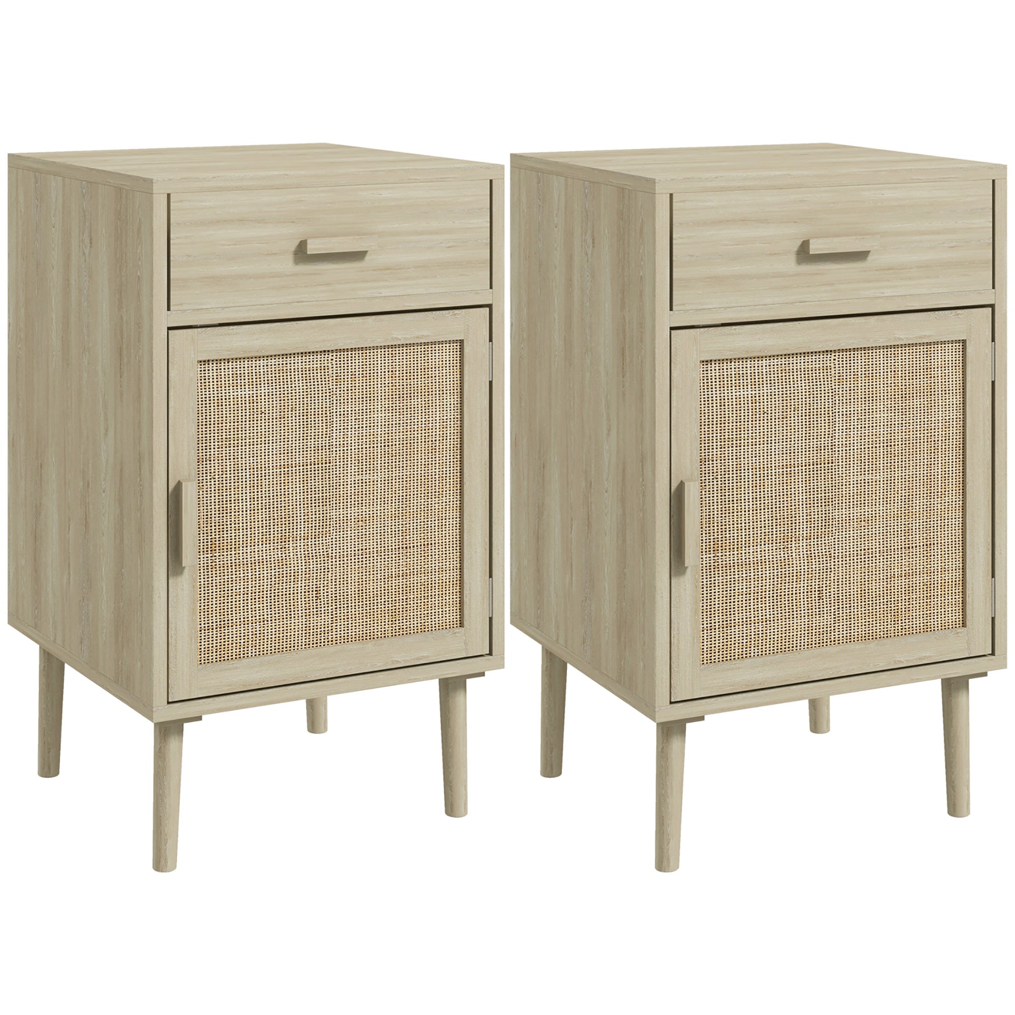 Set of 2 Bedside Tables Nightstands Bedside Tables with Rattan Drawer and Adjustable Shelf for Bedroom Living Room 40x40x68.5 cm Oak