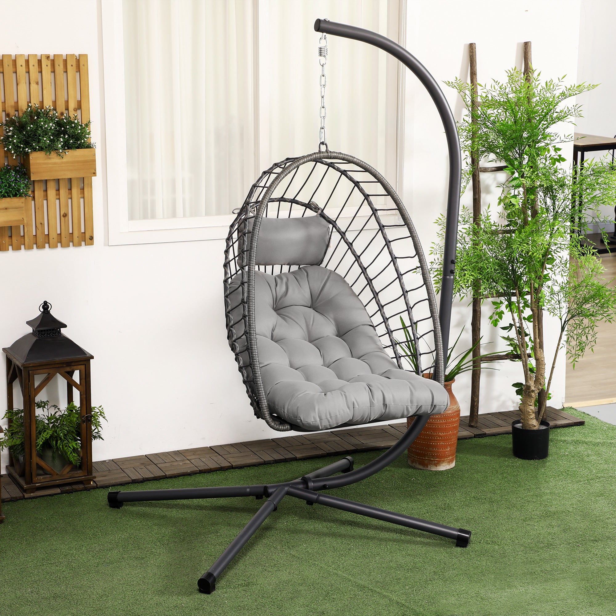 Rattan Hanging Chair Swing Basket Height 194 cm Indoor Outdoor including Stand, Foldable Hanging Basket, Cushion, for Patio, Garden up to 100 kg, Light Gray