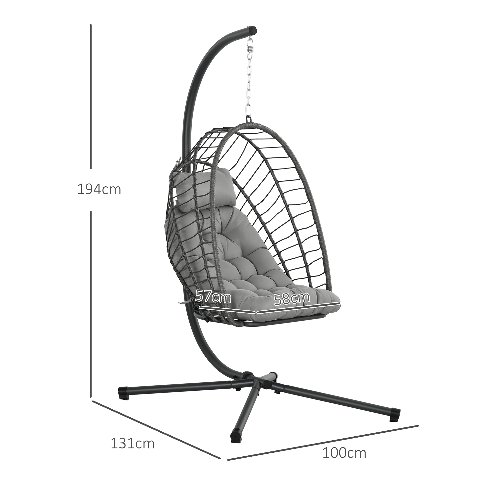 Rattan Hanging Chair Swing Basket Height 194 cm Indoor Outdoor including Stand, Foldable Hanging Basket, Cushion, for Patio, Garden up to 100 kg, Light Gray