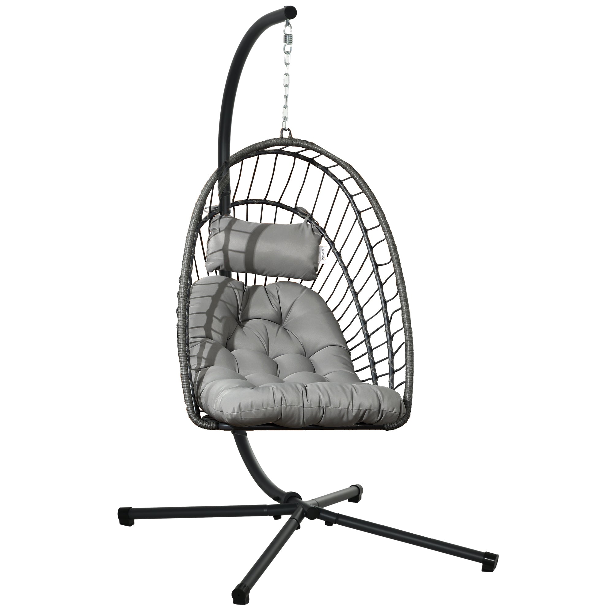 Rattan Hanging Chair Swing Basket Height 194 cm Indoor Outdoor including Stand, Foldable Hanging Basket, Cushion, for Patio, Garden up to 100 kg, Light Gray