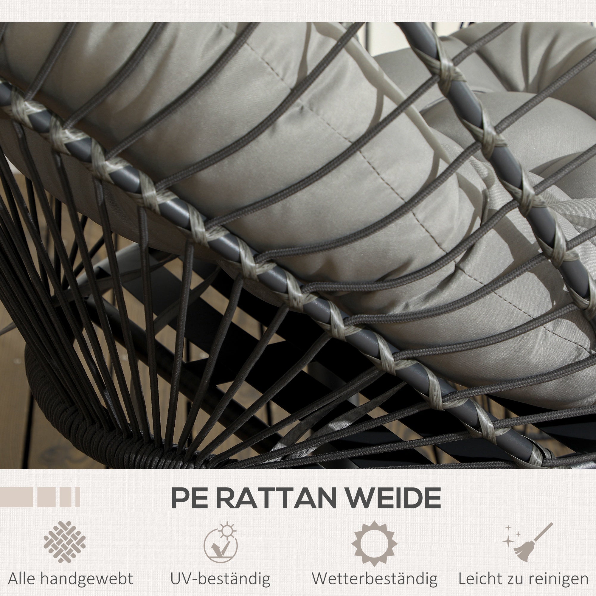 Rattan Hanging Chair Swing Basket Height 194 cm Indoor Outdoor including Stand, Foldable Hanging Basket, Cushion, for Patio, Garden up to 100 kg, Light Gray