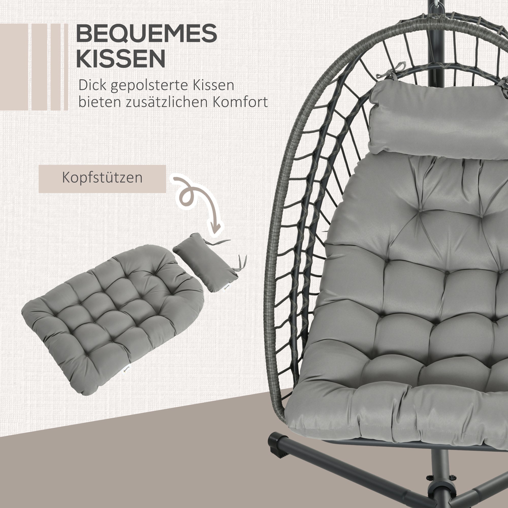 Rattan Hanging Chair Swing Basket Height 194 cm Indoor Outdoor including Stand, Foldable Hanging Basket, Cushion, for Patio, Garden up to 100 kg, Light Gray