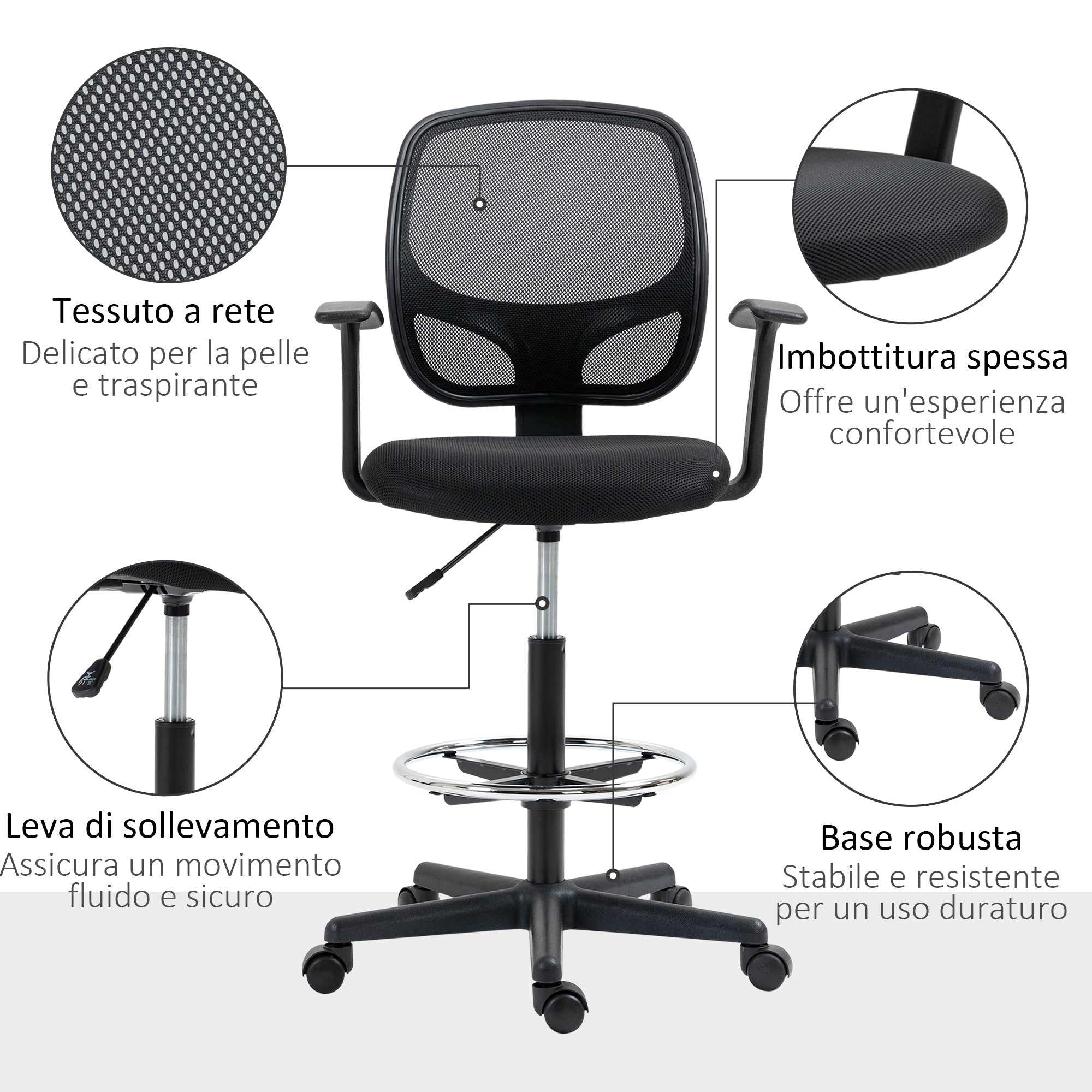 Adjustable Height Office Chair with Armrests, Swivel Wheels, and Foam-padded Seat, 60x56x110-132cm, Black
