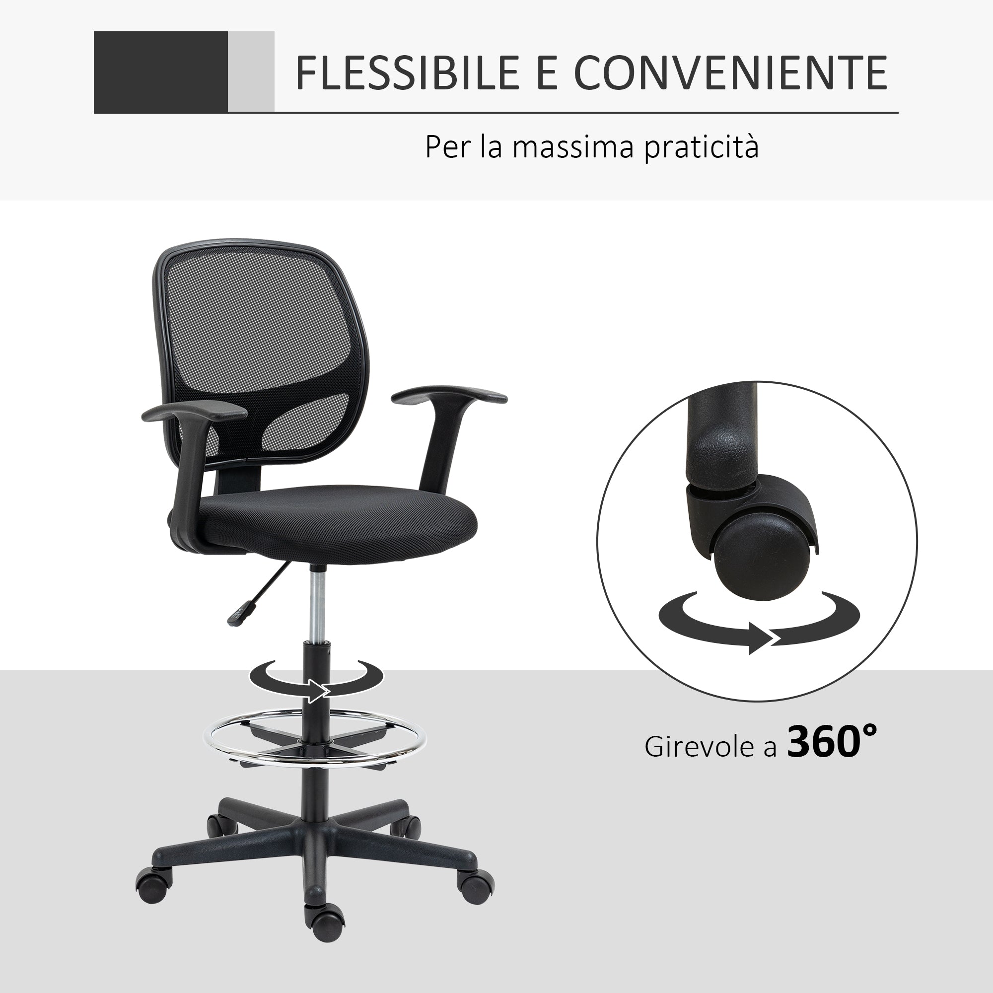 Adjustable Height Office Chair with Armrests, Swivel Wheels, and Foam-padded Seat, 60x56x110-132cm, Black