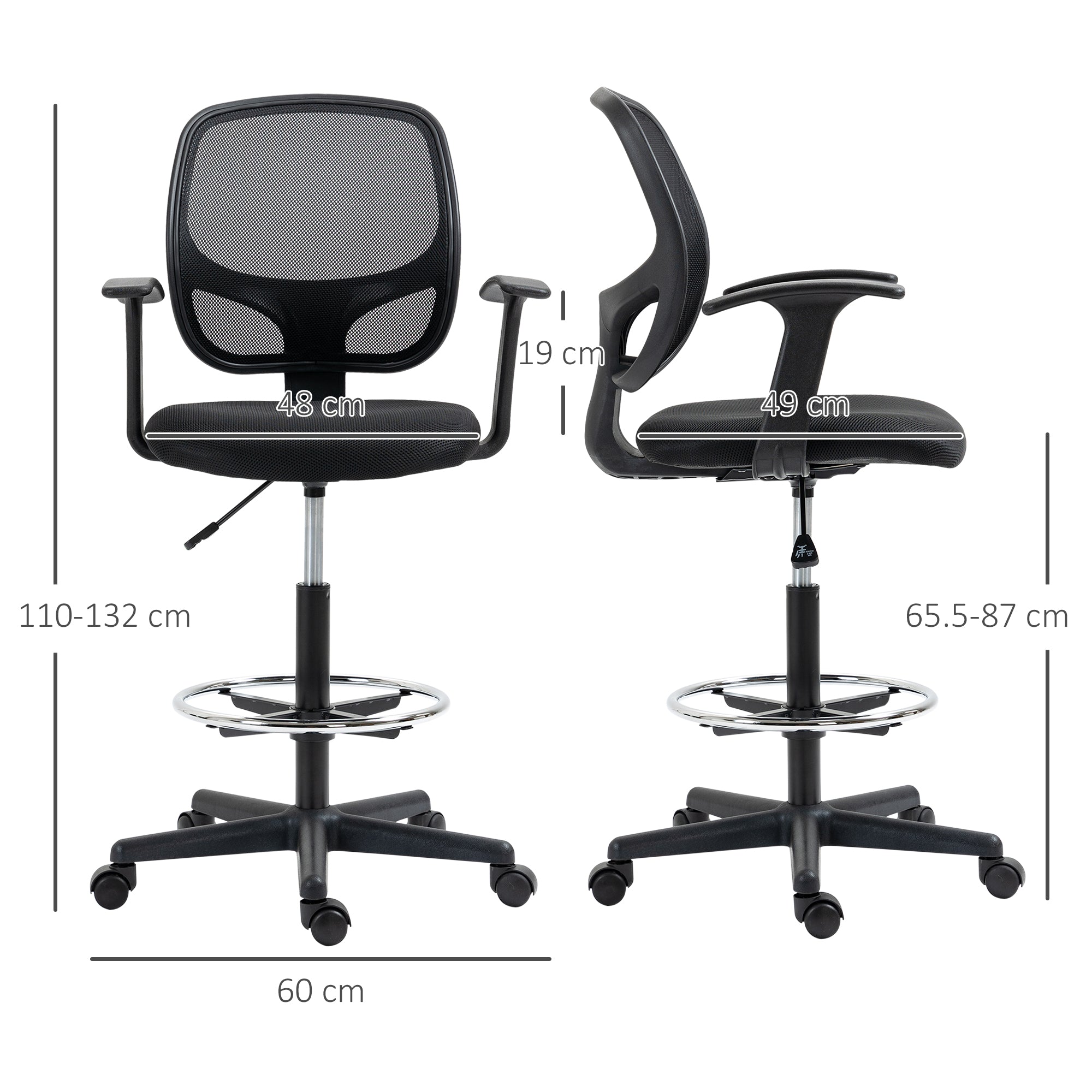 Adjustable Height Office Chair with Armrests, Swivel Wheels, and Foam-padded Seat, 60x56x110-132cm, Black