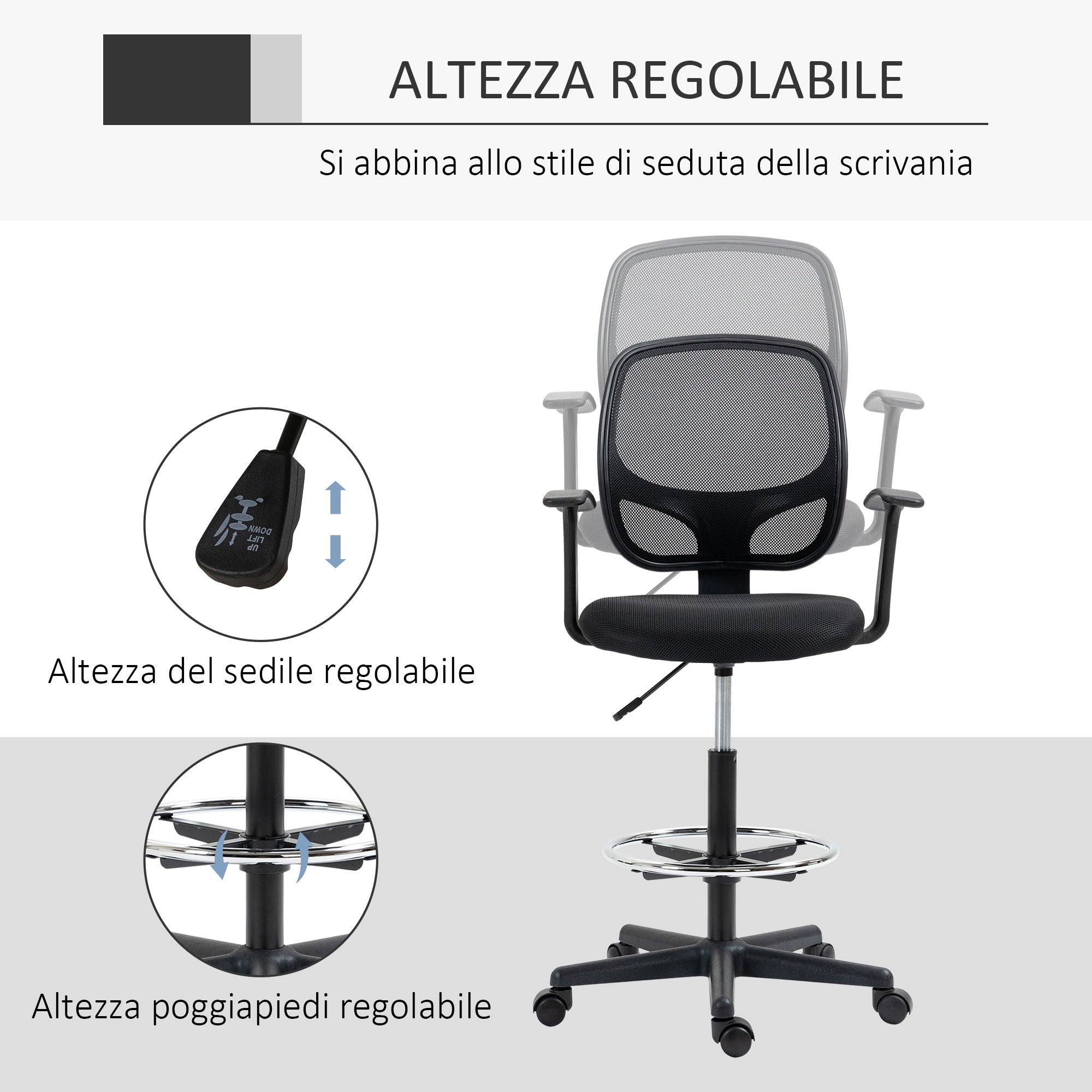 Adjustable Height Office Chair with Armrests, Swivel Wheels, and Foam-padded Seat, 60x56x110-132cm, Black
