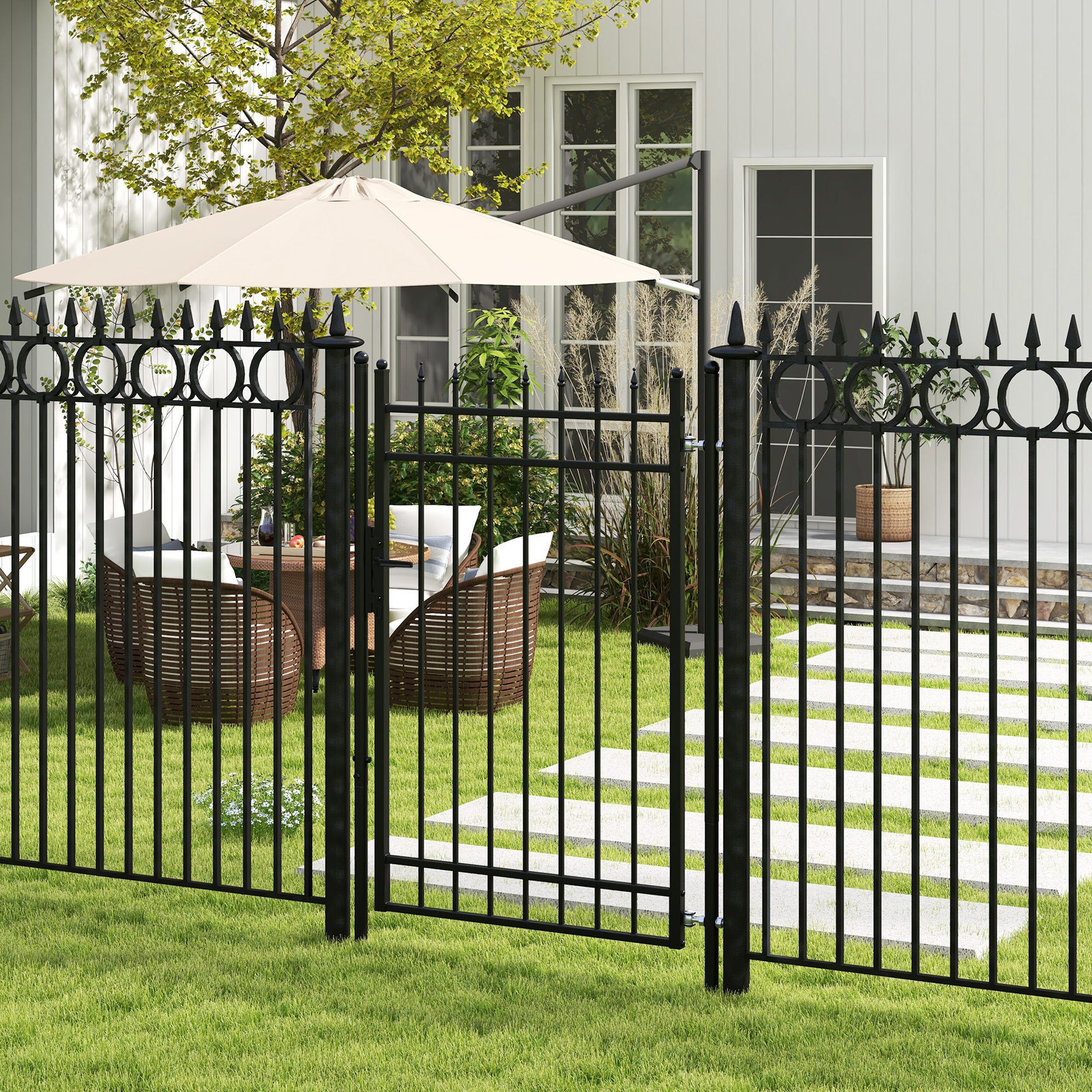 Garden Gate Made of Galvanized Steel, Gate with Lock, Door Handle, Key, Fence Gate for Garden, 107 x 204 cm, Black