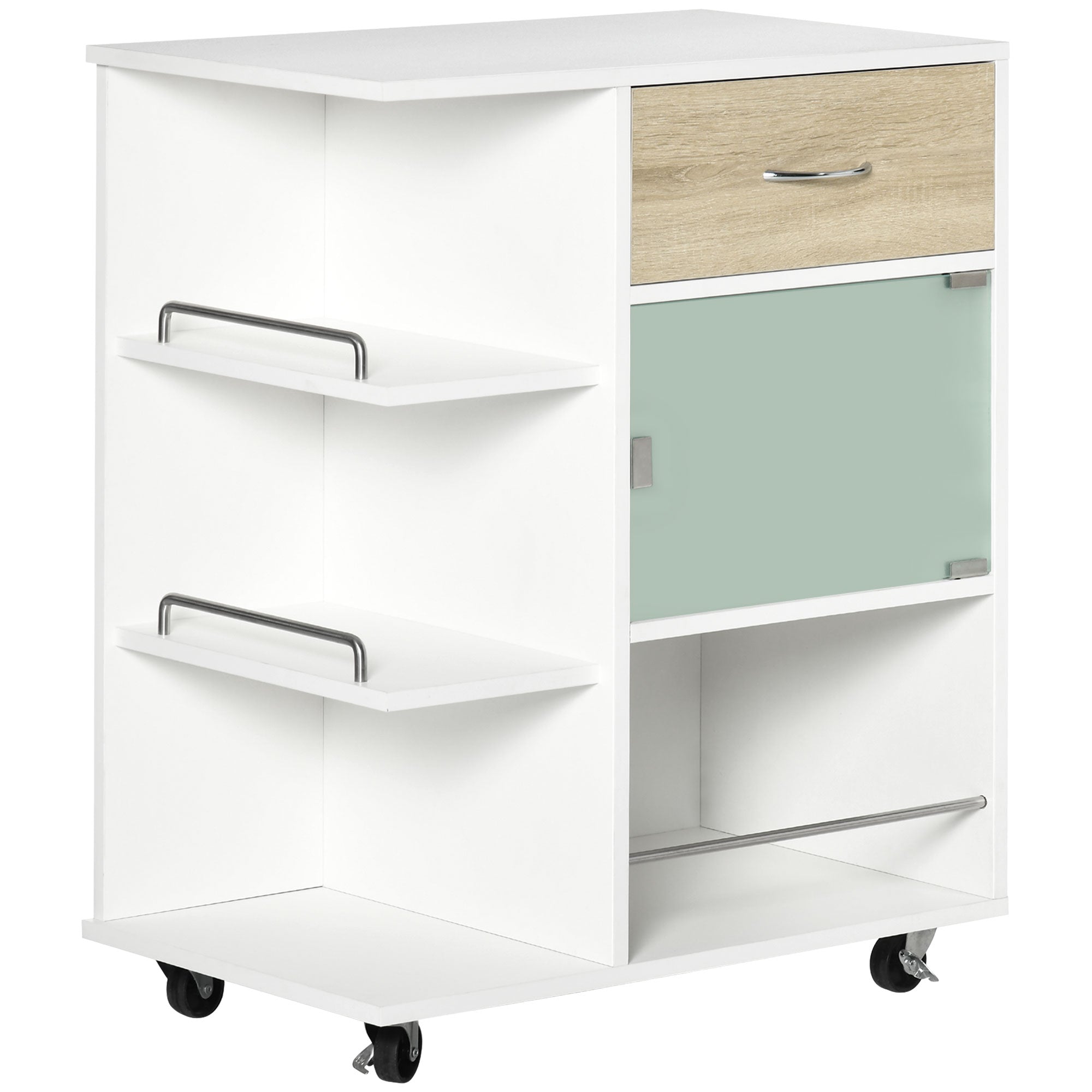 Kitchen Trolley, Service Cart, 360° Swivel Wheels, Shelves with Barriers, Central Kitchen Island, with Drawer, Shelves, Cupboard, 65 x 39 x 80 cm, White