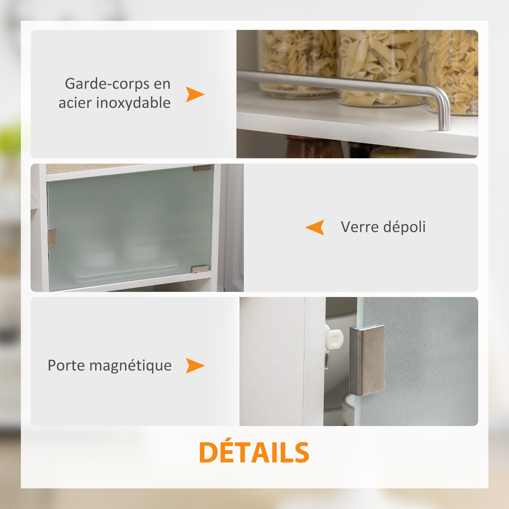 Kitchen Trolley, Service Cart, 360° Swivel Wheels, Shelves with Barriers, Central Kitchen Island, with Drawer, Shelves, Cupboard, 65 x 39 x 80 cm, White