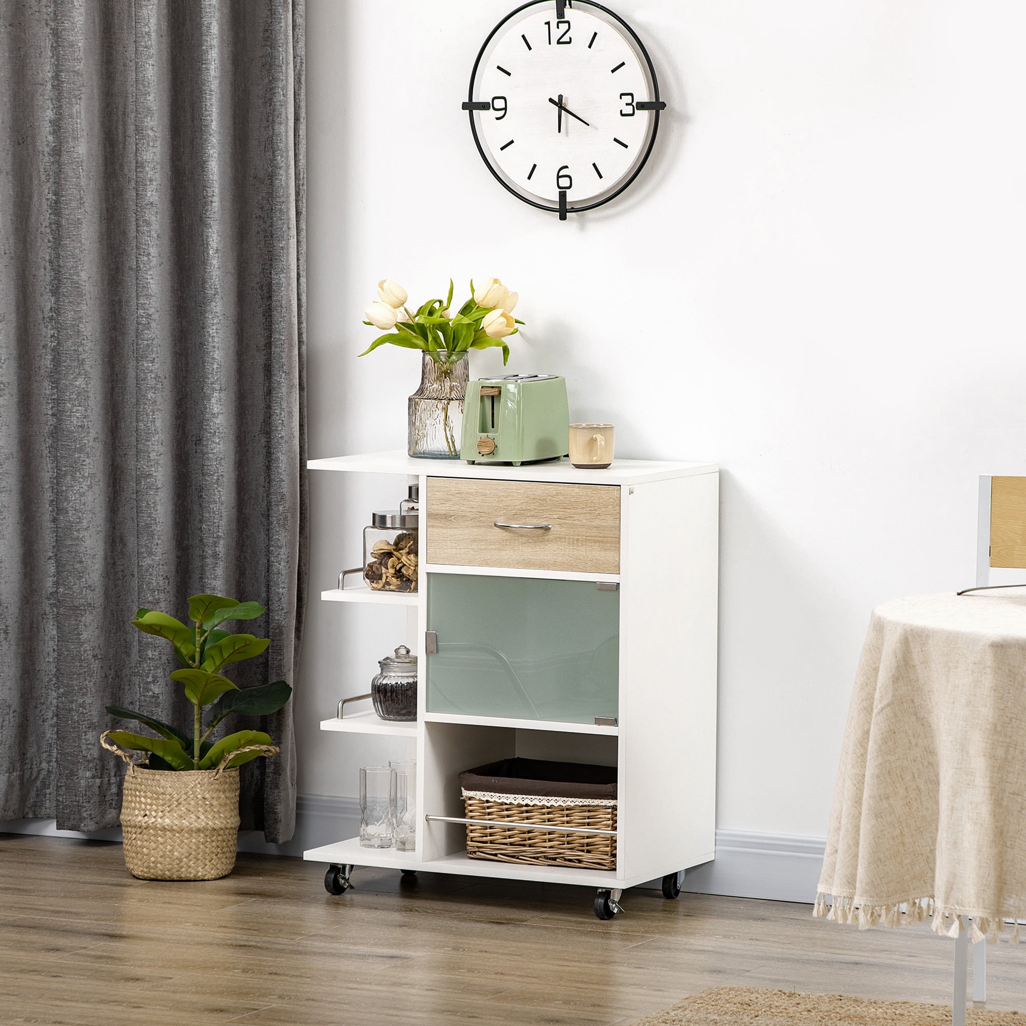 Kitchen Trolley, Service Cart, 360° Swivel Wheels, Shelves with Barriers, Central Kitchen Island, with Drawer, Shelves, Cupboard, 65 x 39 x 80 cm, White