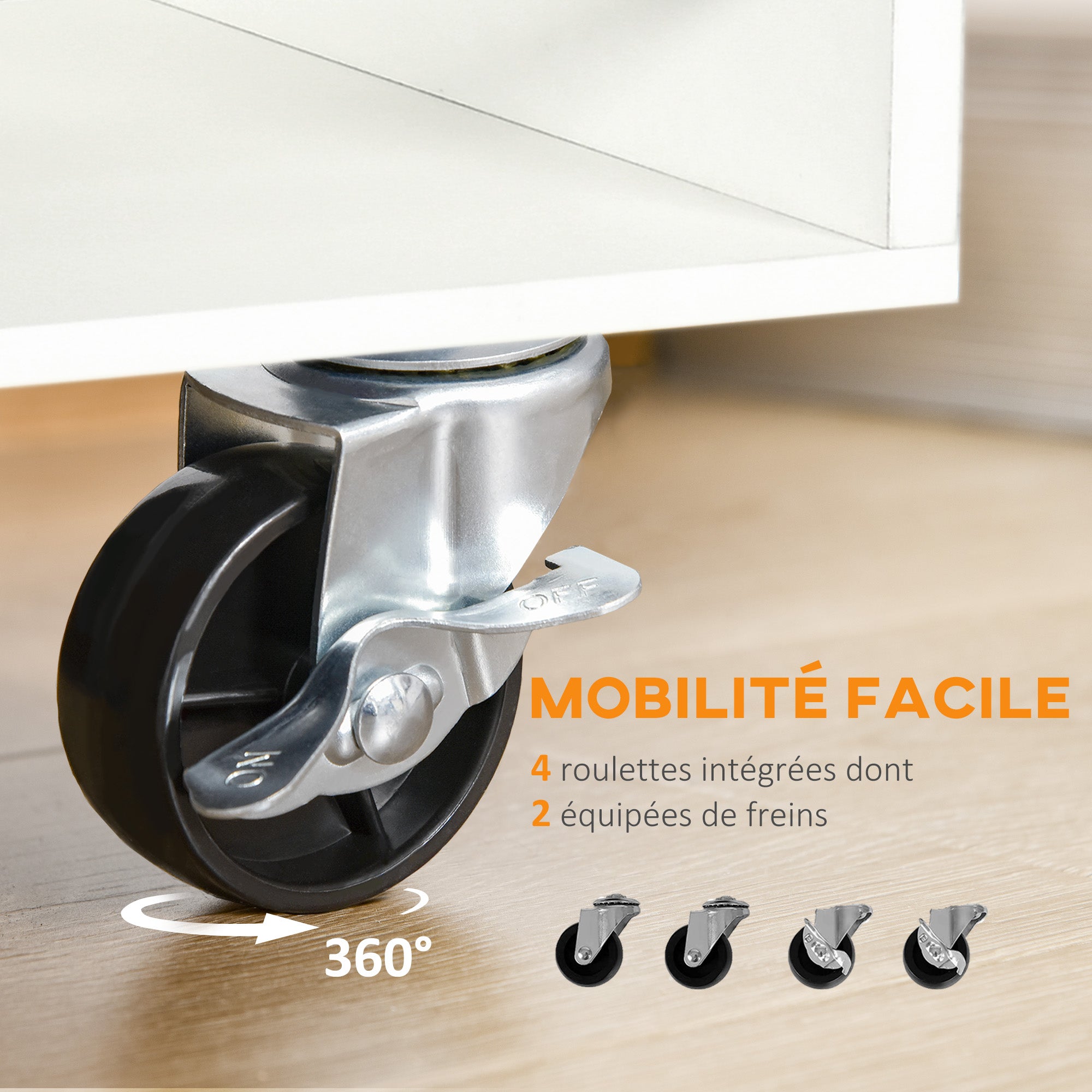 Kitchen Trolley, Service Cart, 360° Swivel Wheels, Shelves with Barriers, Central Kitchen Island, with Drawer, Shelves, Cupboard, 65 x 39 x 80 cm, White