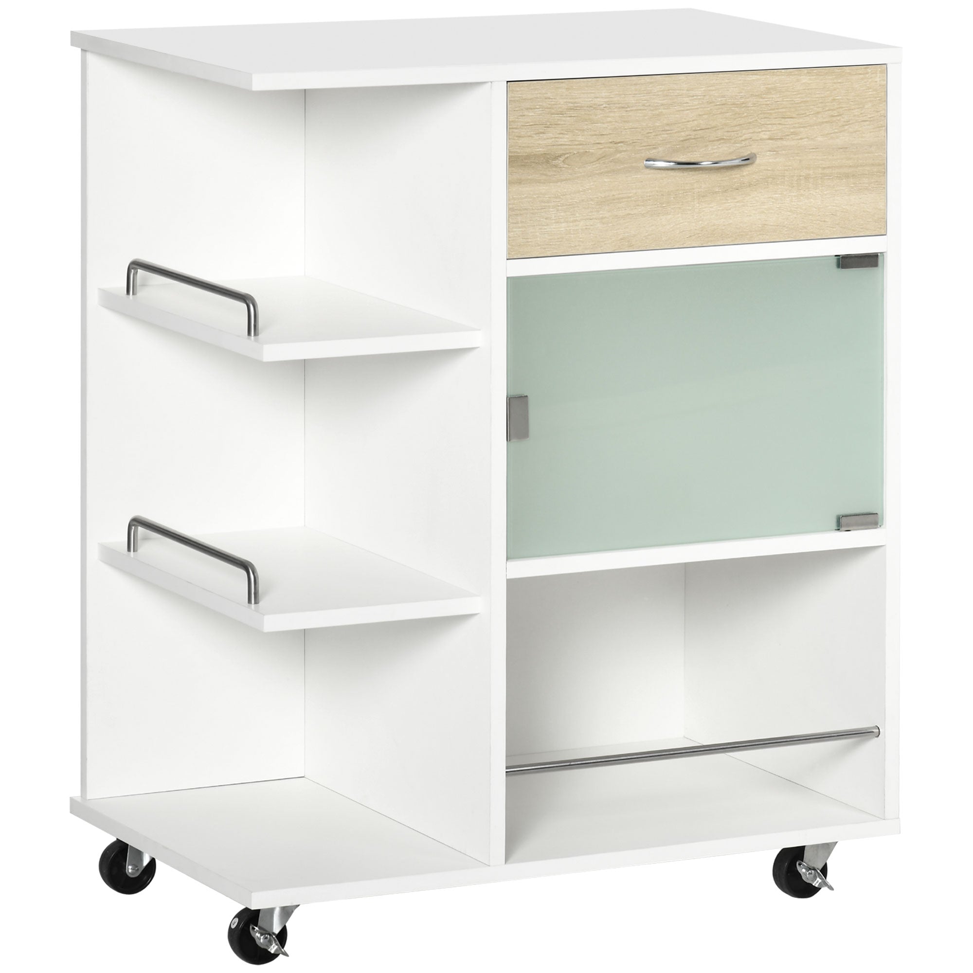 Kitchen Trolley, Service Cart, 360° Swivel Wheels, Shelves with Barriers, Central Kitchen Island, with Drawer, Shelves, Cupboard, 65 x 39 x 80 cm, White