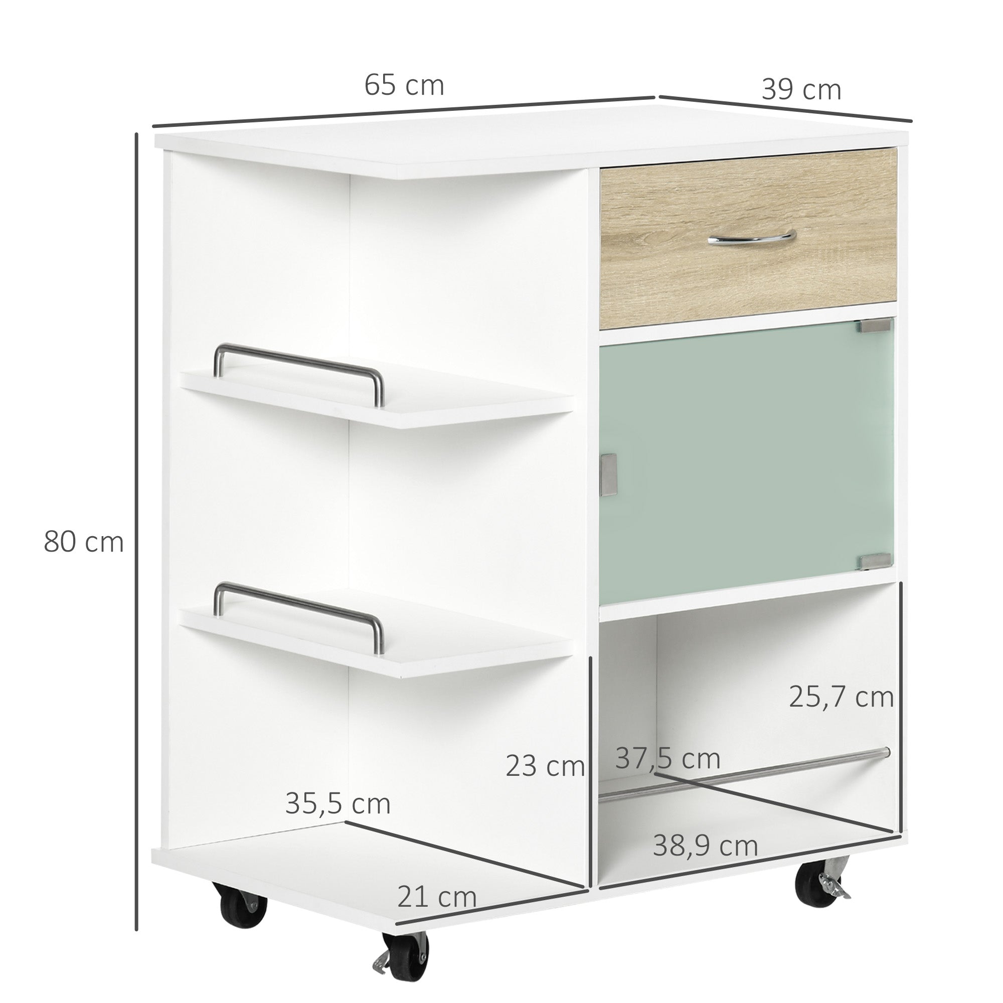 Kitchen Trolley, Service Cart, 360° Swivel Wheels, Shelves with Barriers, Central Kitchen Island, with Drawer, Shelves, Cupboard, 65 x 39 x 80 cm, White