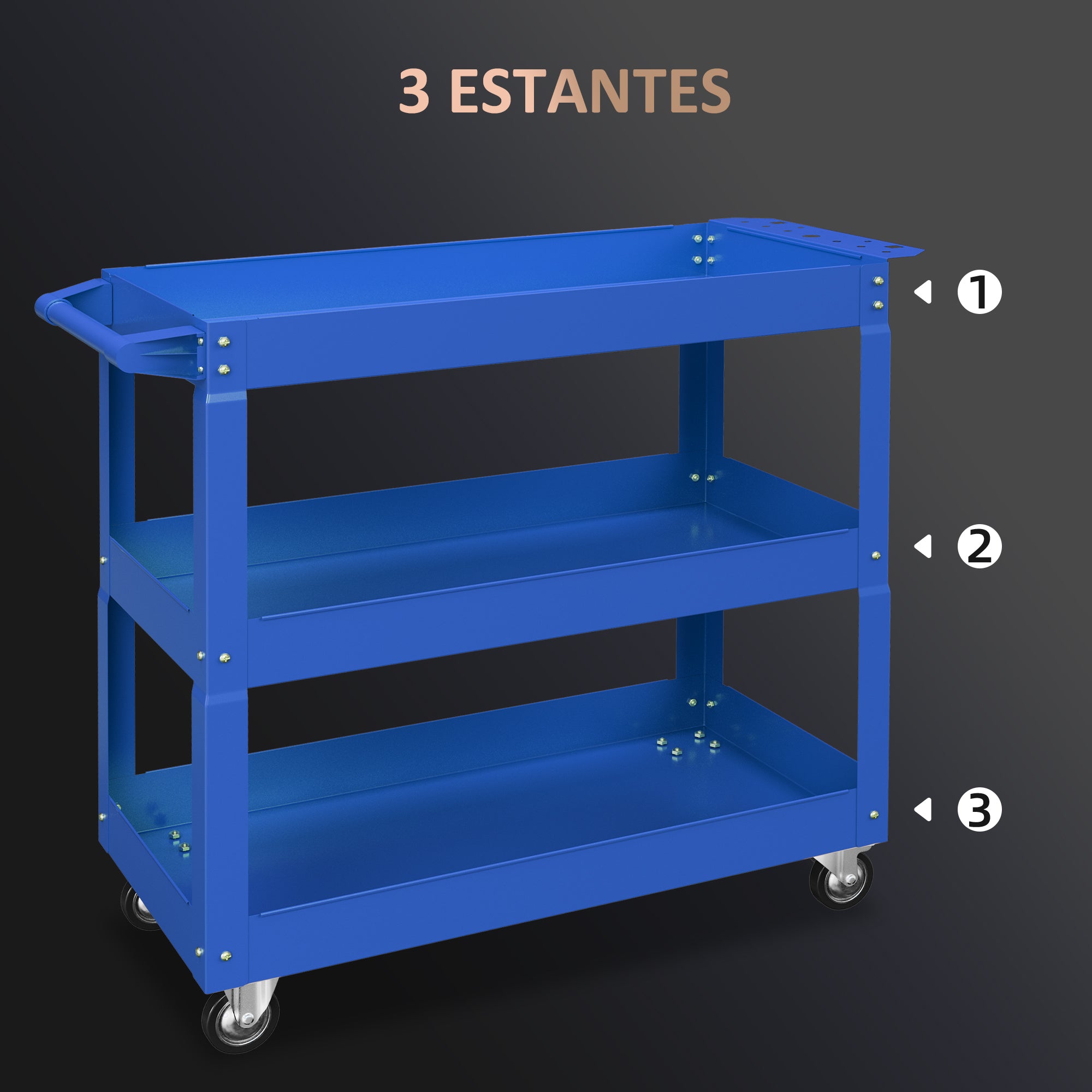Tool Cart with Wheels Steel Workshop Cart with 3 Storage Shelves and Side Handle for Home Mechanic Garage Load 150 kg 83x35.3x76 cm Blue