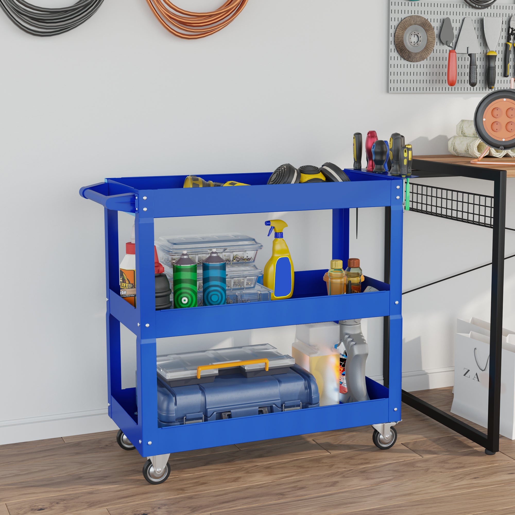 Tool Cart with Wheels Steel Workshop Cart with 3 Storage Shelves and Side Handle for Home Mechanic Garage Load 150 kg 83x35.3x76 cm Blue