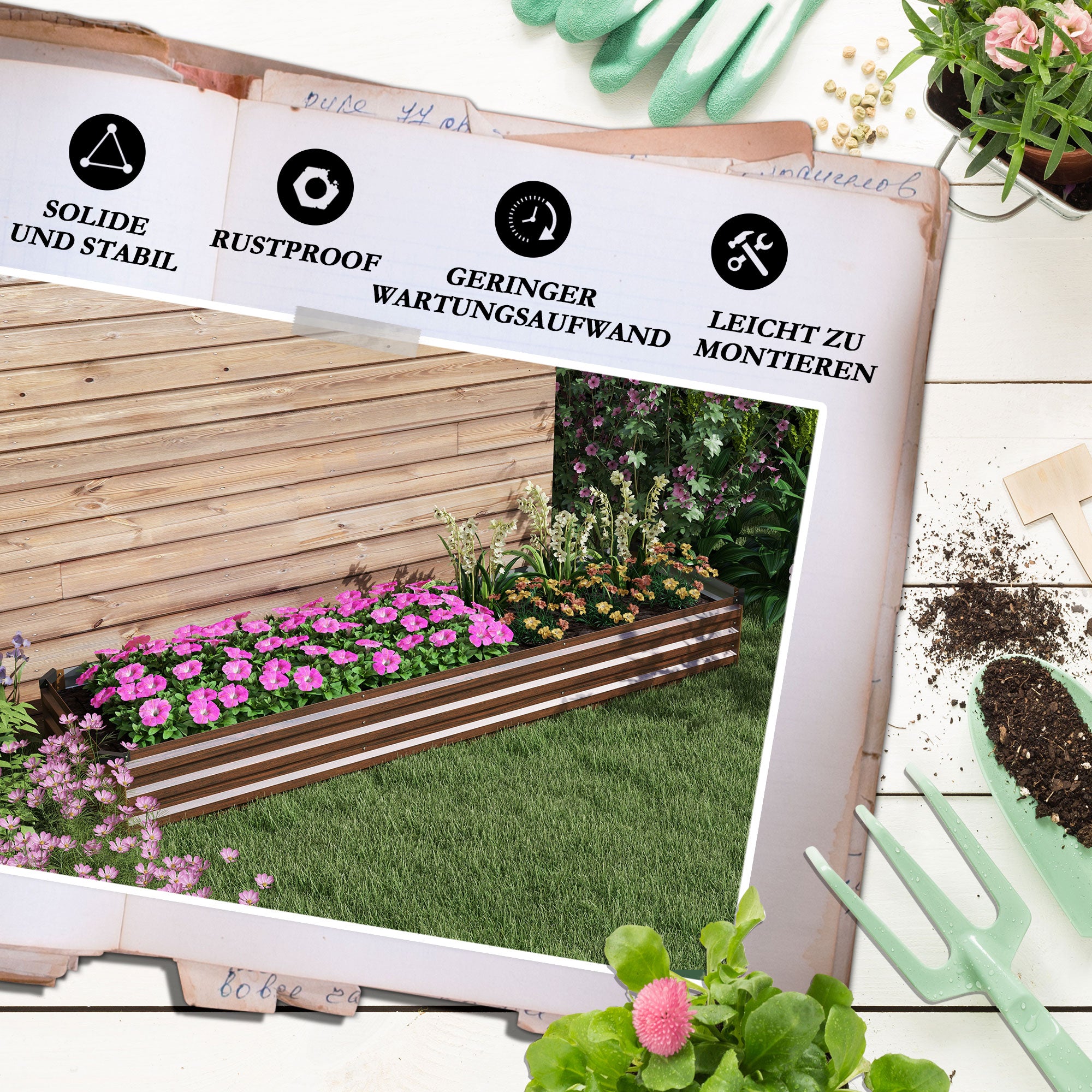 Steel Raised Bed, Planter Box with Open Bottom, Flower Box with Wood Design, Vegetable Bed, Herb Bed for Balcony, Garden, Dark Brown, 240 x 60 x 30 cm