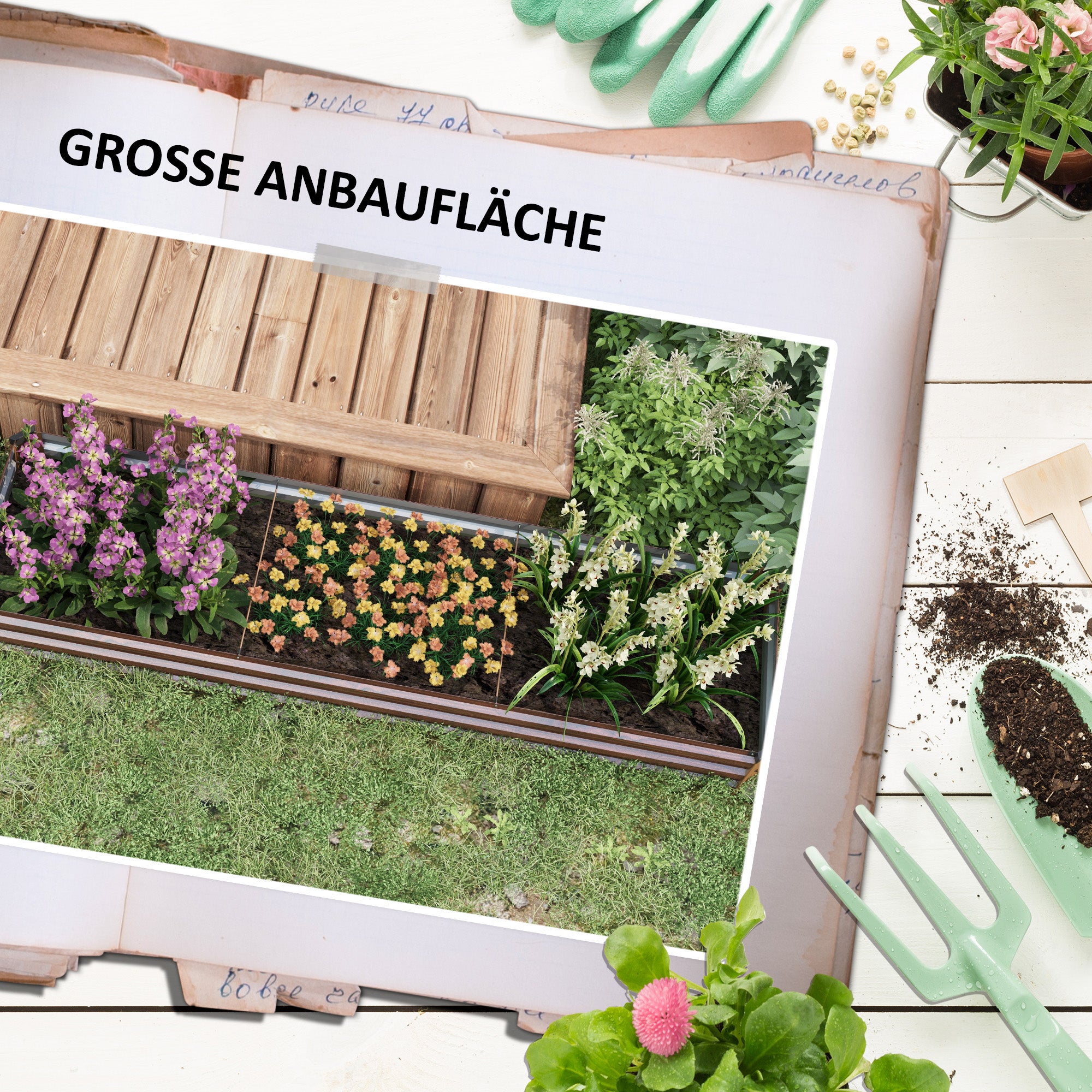 Steel Raised Bed, Planter Box with Open Bottom, Flower Box with Wood Design, Vegetable Bed, Herb Bed for Balcony, Garden, Dark Brown, 240 x 60 x 30 cm