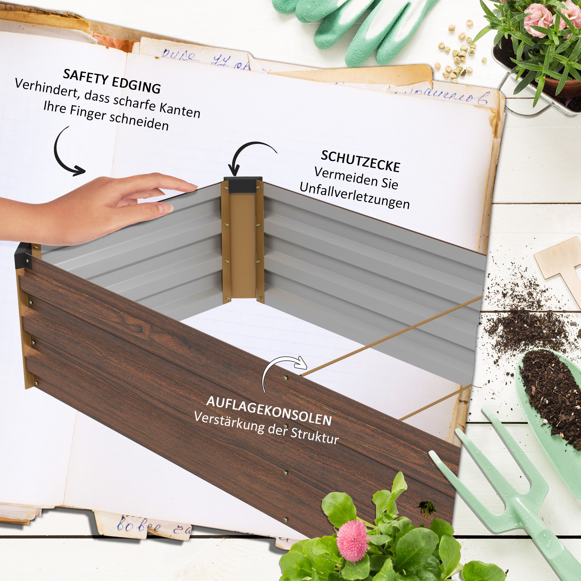 Steel Raised Bed, Planter Box with Open Bottom, Flower Box with Wood Design, Vegetable Bed, Herb Bed for Balcony, Garden, Dark Brown, 240 x 60 x 30 cm