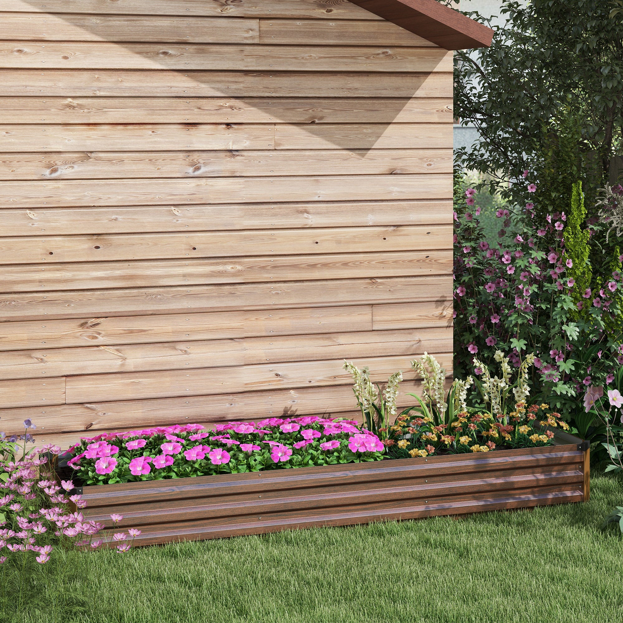 Steel Raised Bed, Planter Box with Open Bottom, Flower Box with Wood Design, Vegetable Bed, Herb Bed for Balcony, Garden, Dark Brown, 240 x 60 x 30 cm