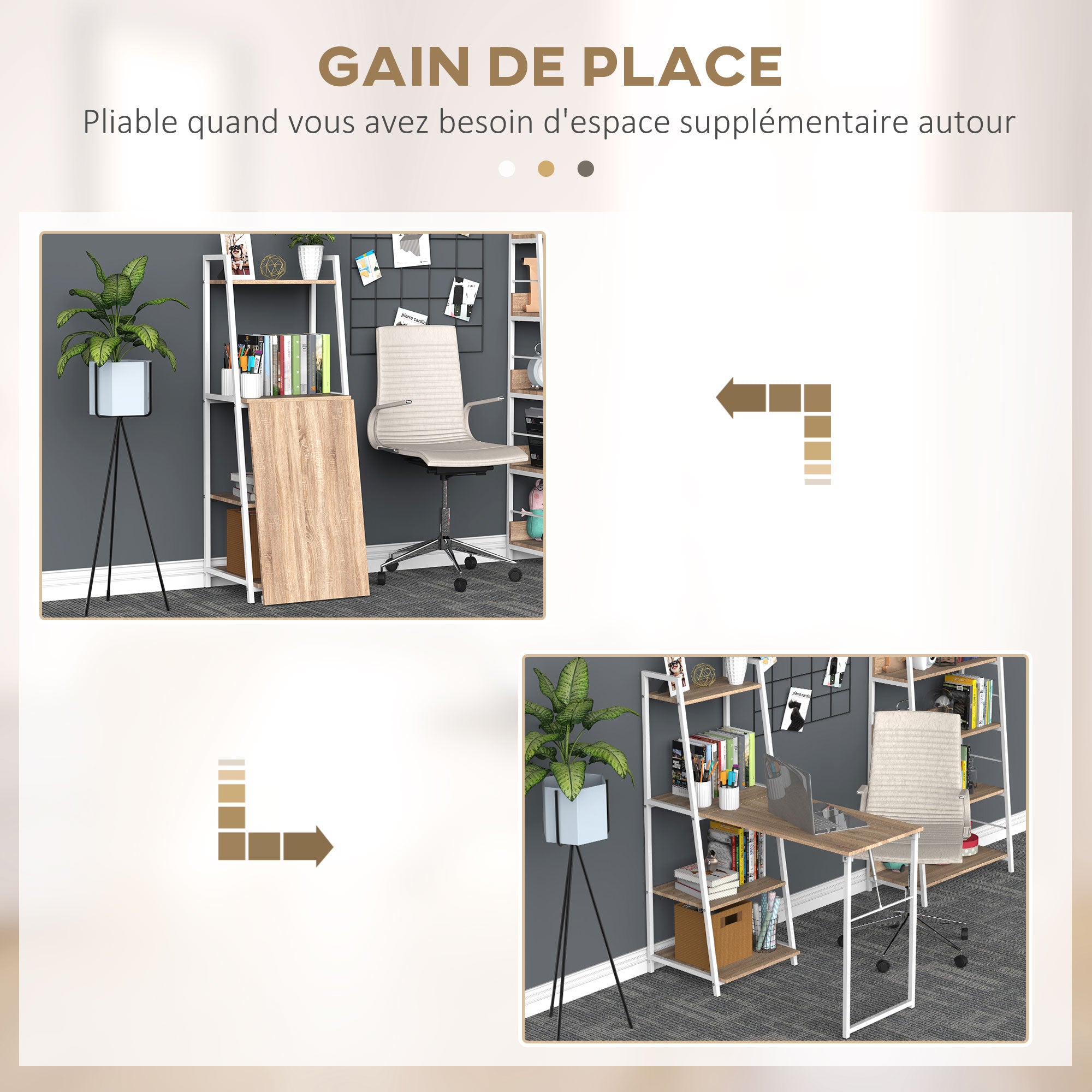 Foldable Foldable Folding Desk - 2-in-1 desk with shelves - Light Oak Wood White Metal