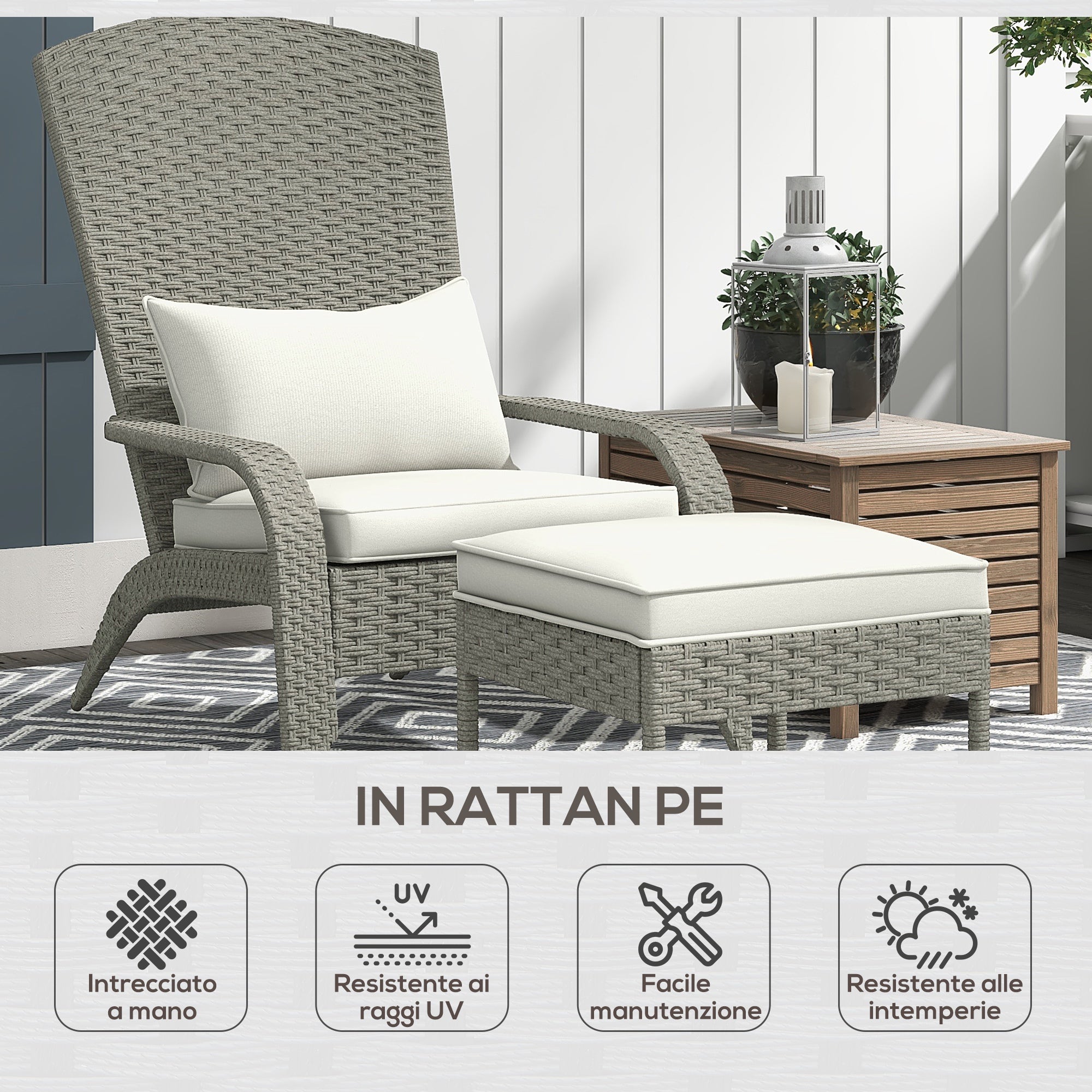 Garden Chair with Footrest, Armrests, and Padded Cushions, Adirondack Chair in Rattan and Steel, 64x82x89 cm, Gray and Cream White