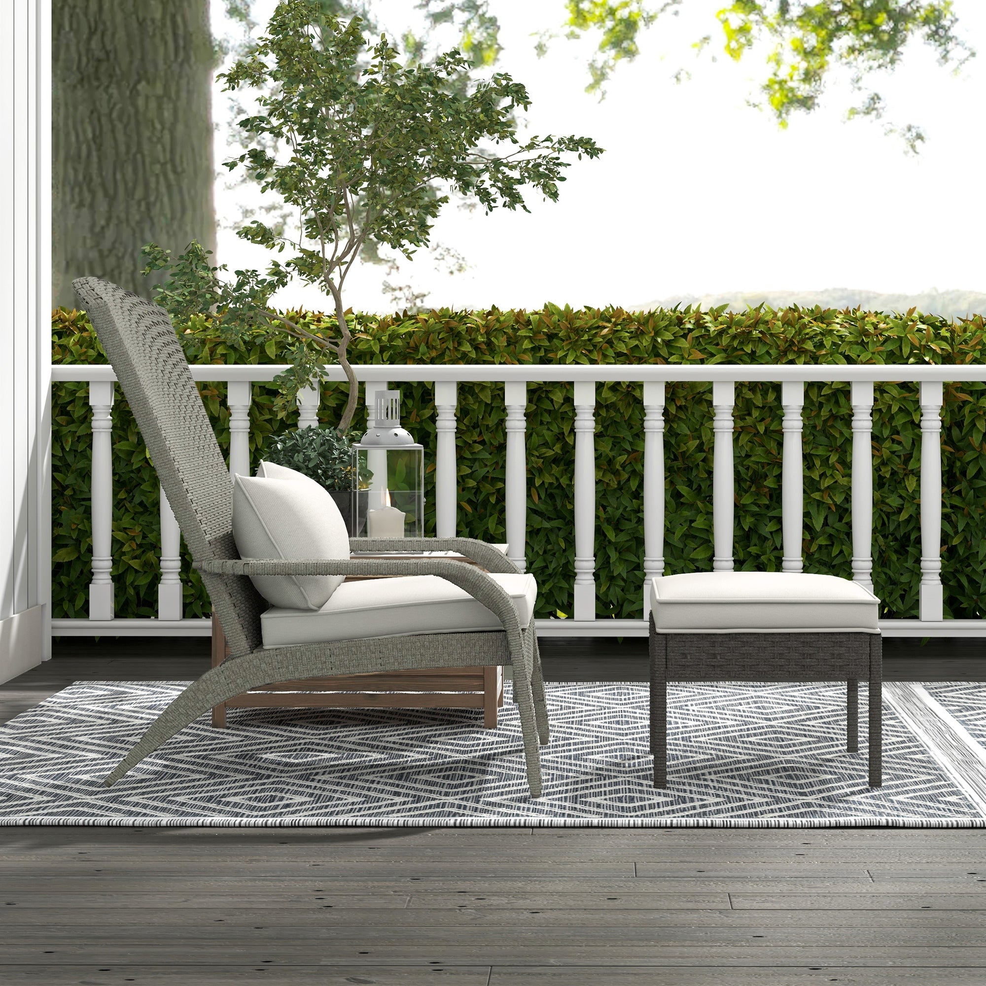 Garden Chair with Footrest, Armrests, and Padded Cushions, Adirondack Chair in Rattan and Steel, 64x82x89 cm, Gray and Cream White
